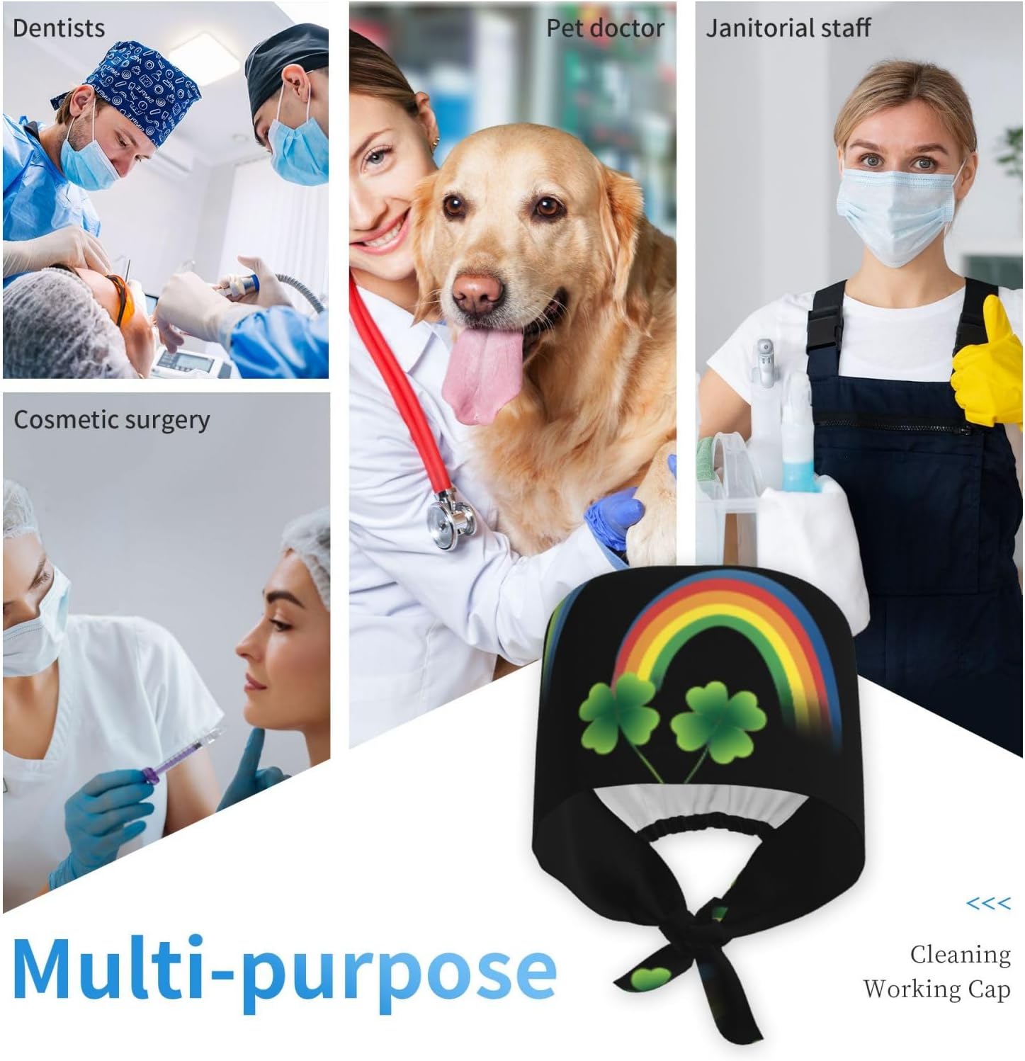 Breathable Work Hat Double Rainbow Clover Pattern Adjustable Comfortable Chef Hat for Women & Men