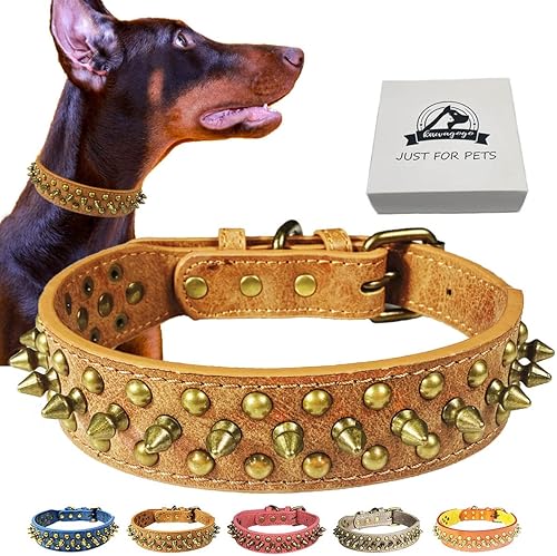 Kawagogo Collar de perro con tachuelas, collar de piel sintética antimordeduras para perros pequeños, medianos y grandes (marrón, M)