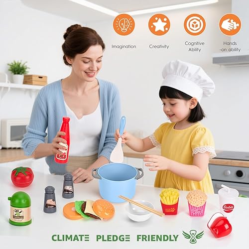 Miniatura 33 de Juego de cocina de 130 piezas, ollas de juego de cocina para niños, sartenes, utensilios de cocina, alimentos diarios, frutas y verduras, cesta