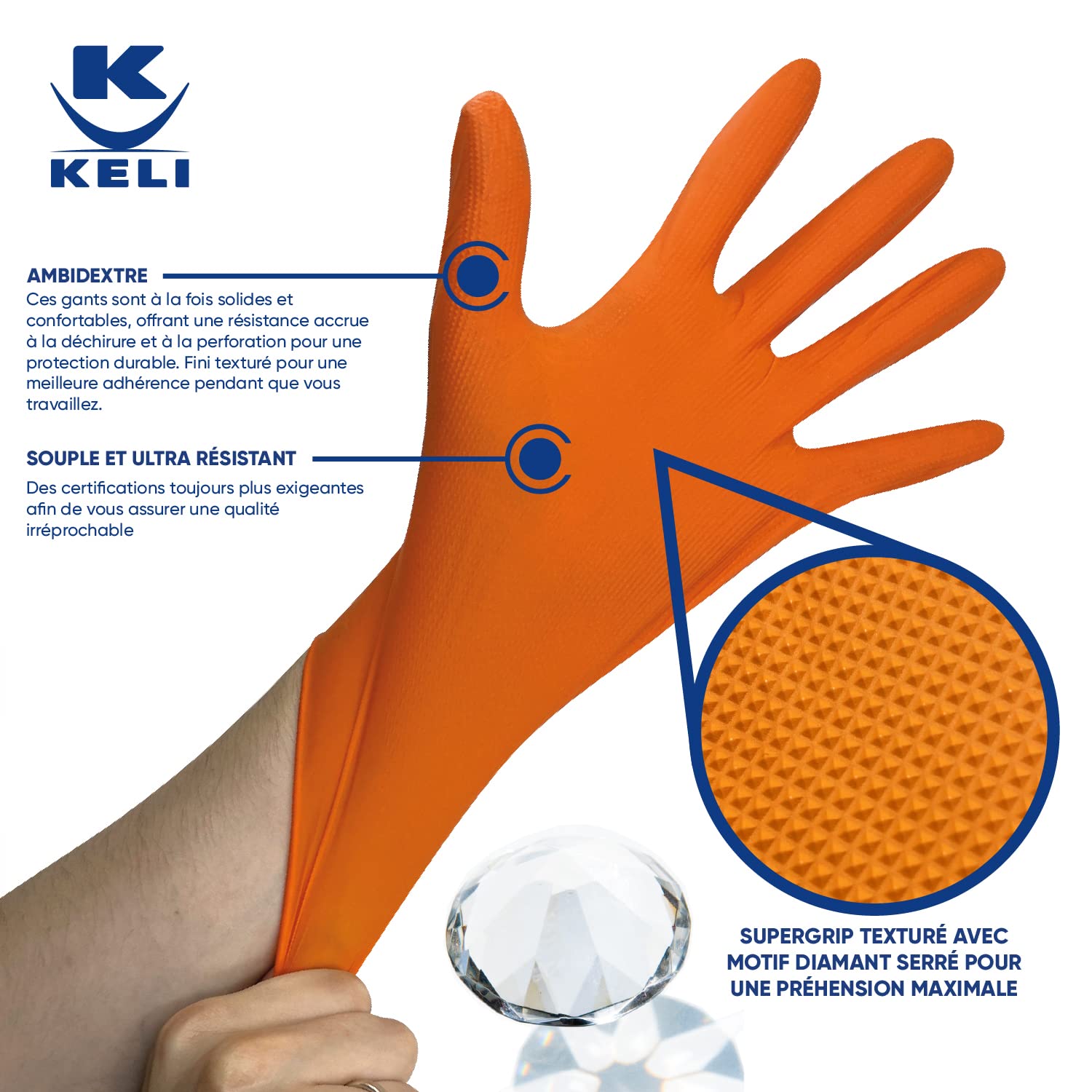KELI FRANCE K•PROTECT - Gants Nitrile Orange NIGRIP Non Poudré, Sans Latex, Boîte 50 pièces Ultra-Résistantes, SuperGrip Texture Diamant, Épaisseur Renforcée, Usages Multiples (XL)