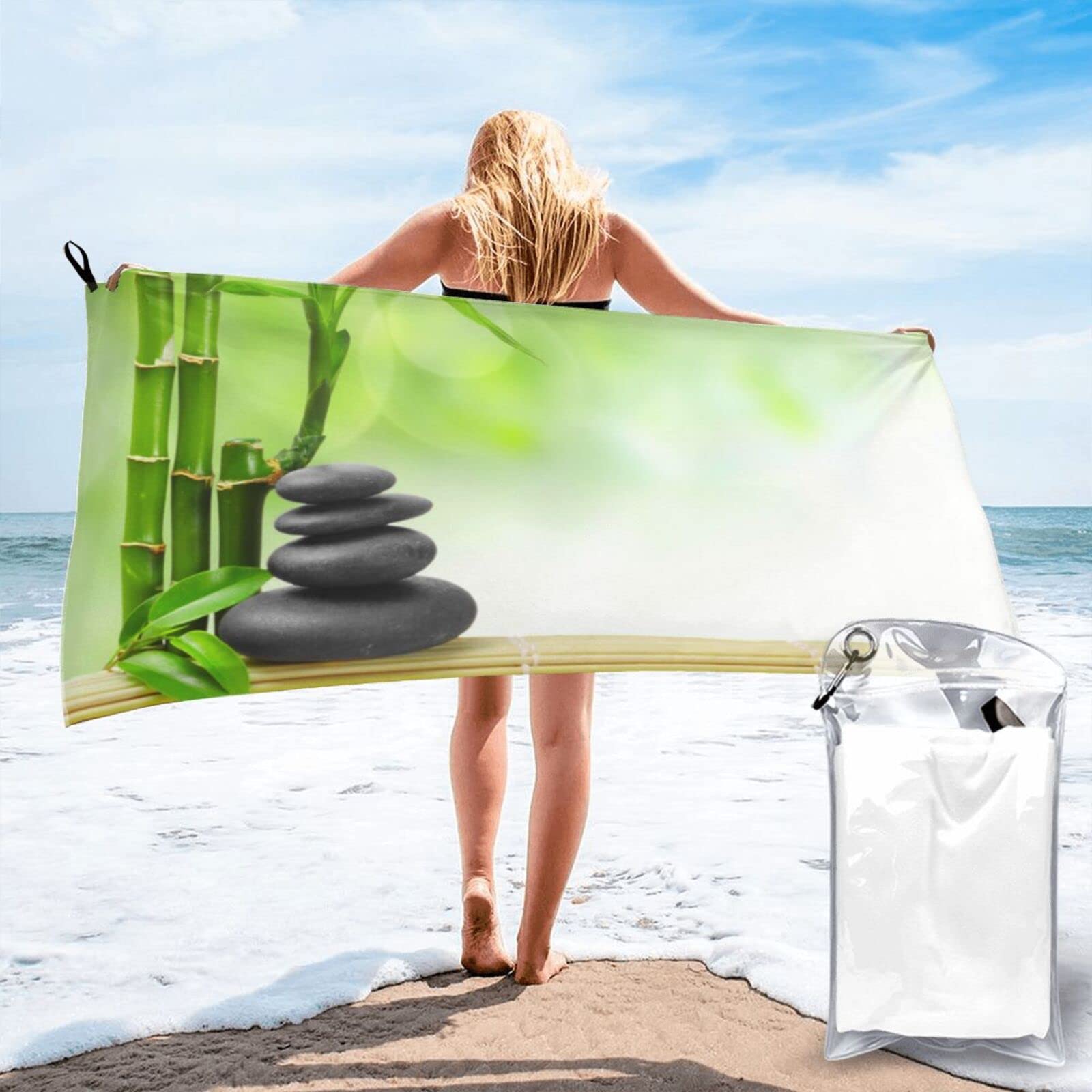 Microfiber sneldrogende strandlaken - steen bamboe bedrukt super absorberende sneldrogende badhanddoeken voor reizen, kamperen, sportschool, strand, zwemmen, yoga