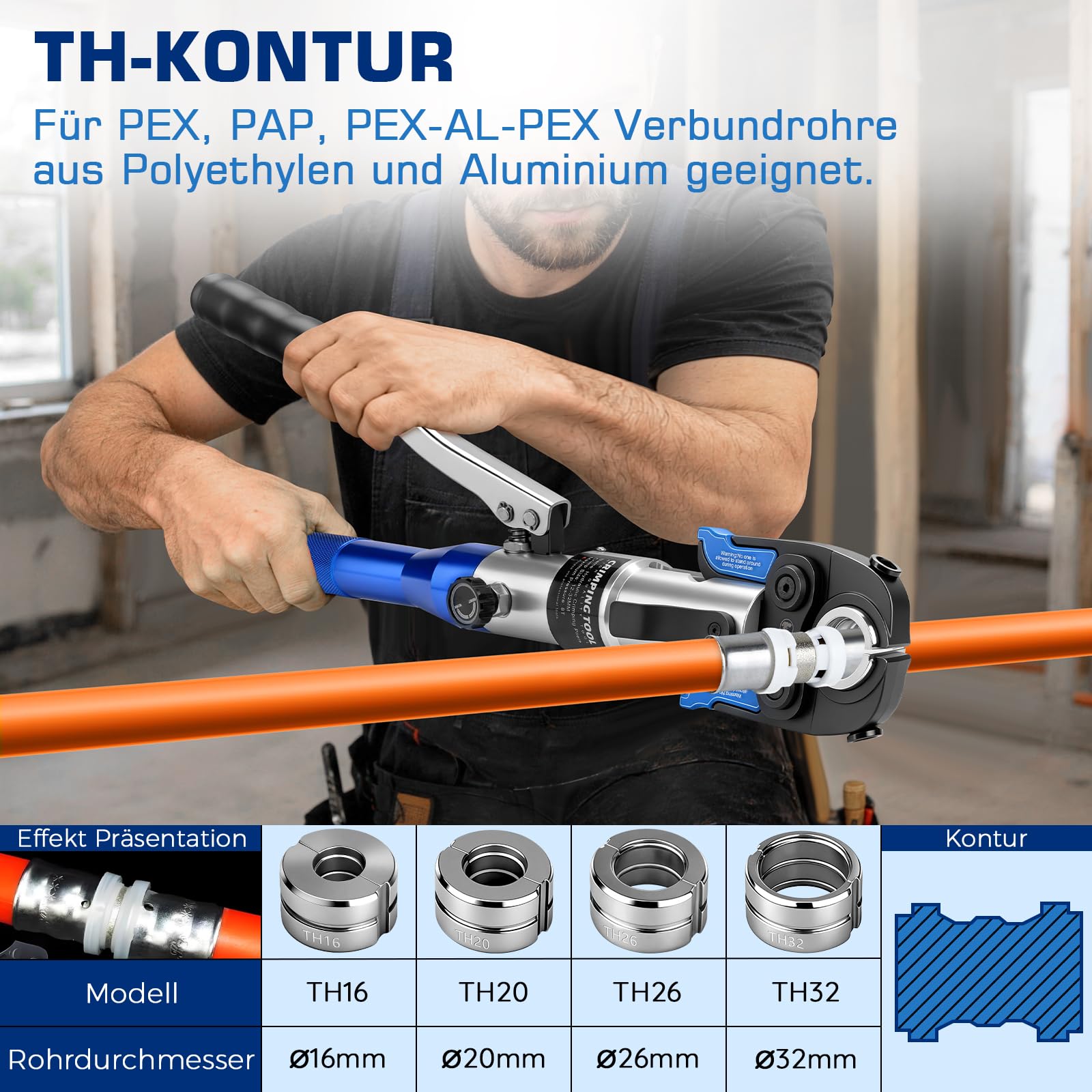 Presszange für Kupferrohr CR V+TH Kontur Set, Rohrschneider Entgrater | V12 V15 V18 V22 V28 Und TH16 TH20 TH26 TH32 und Form Pressbacken Rohrpresszange für Kupferrohr, Edelstahlrohr,PEX, PAP