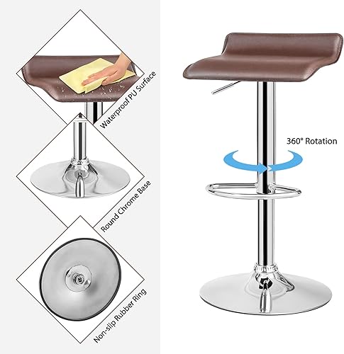 Miniatura 7 de Casart Juego de 4 taburetes de bar ajustables giratorios de piel sintética con mango de elevación de aire, reposapiés, base cromada, estilo moderno