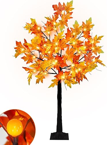 Miniatura 8 de Árbol de Ginkgo preiluminado de otoño de 4 pies con temporizador de 140 LED, árbol de otoño con luces y 8 modos intermitentes, decoración de otoño