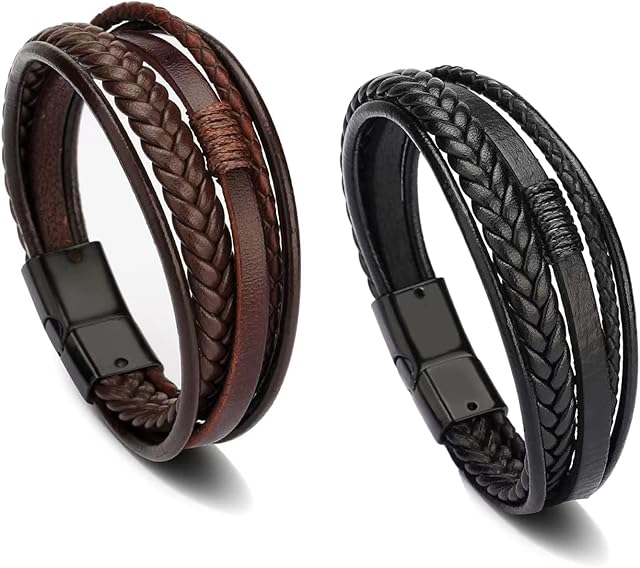 HOHOTANG Mens Leather Bracelet Black Brown 2pcs, Multi-Layer Braided Genuine Leather Bracelet, Magnetic Clasp Rope Wristband, Birthday Christmas Gifts for Boyfriend, Father, Husband