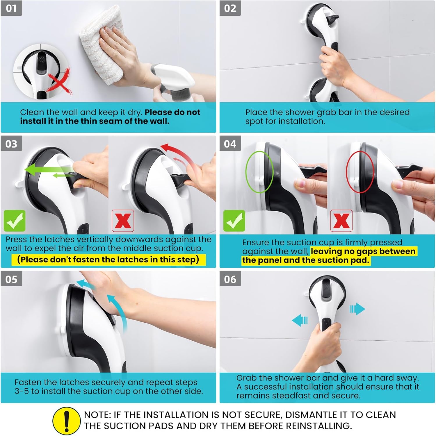 Pack of 2 Size 12 inch Shower Handles for Elderly Suction, 2 Pack 12 Inch Shower Grab Bars for Seniors, Grab Bars for Bathtubs and Showers, No Drilling Removable Safety Shower Grip, Black