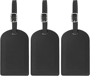 PATIKIL Luggage Tags for Suitcases, 3 Pack Premium PU Leather Baggage Tags Privacy Protection Luggage Identifier Travel Bag Labels, Black