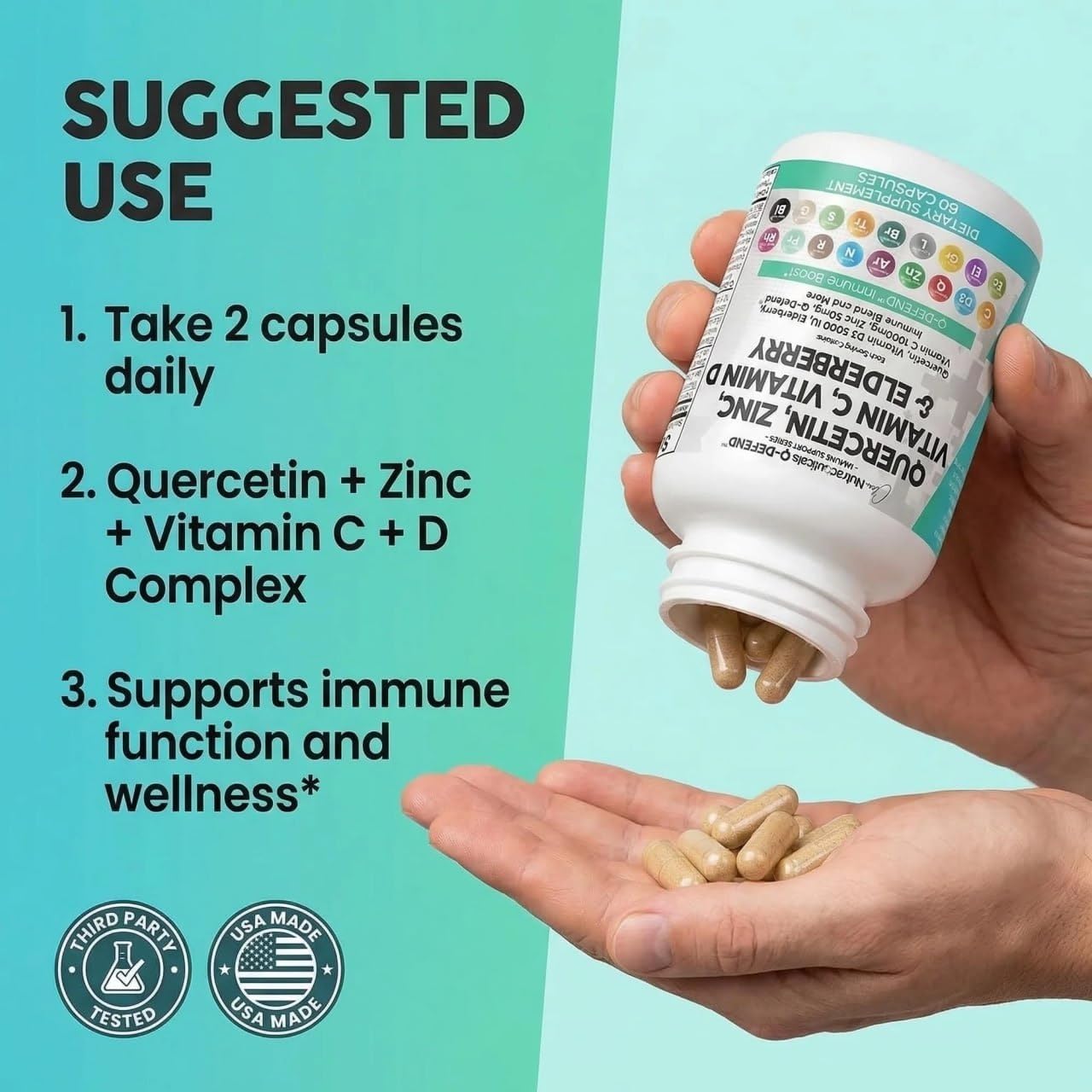 Q Defend Quercetin Supplement with Zinc Vitamin C Vitamin D Elderberry Turmeric Black Pepper Garlic Ginger Sea Moss Lysine Stinging Nettle Reishi Mushroom Immune Support 60 Capsules — Amazon image 5