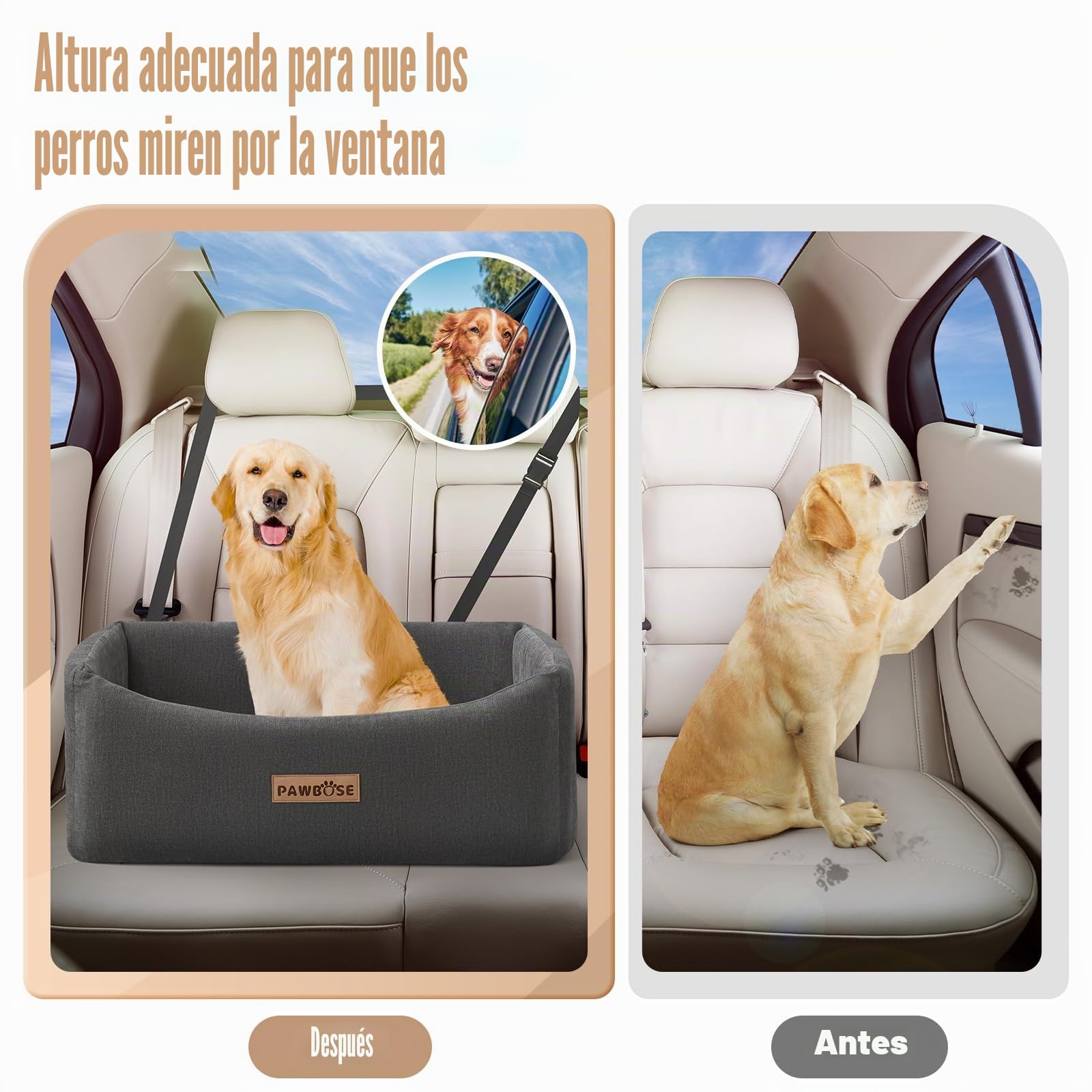 Asiento de Coche para Perros Grandes 25 kg, 2 Perros Pequeños, Cojín Grueso, Gris Elevado Cama Coche Perro