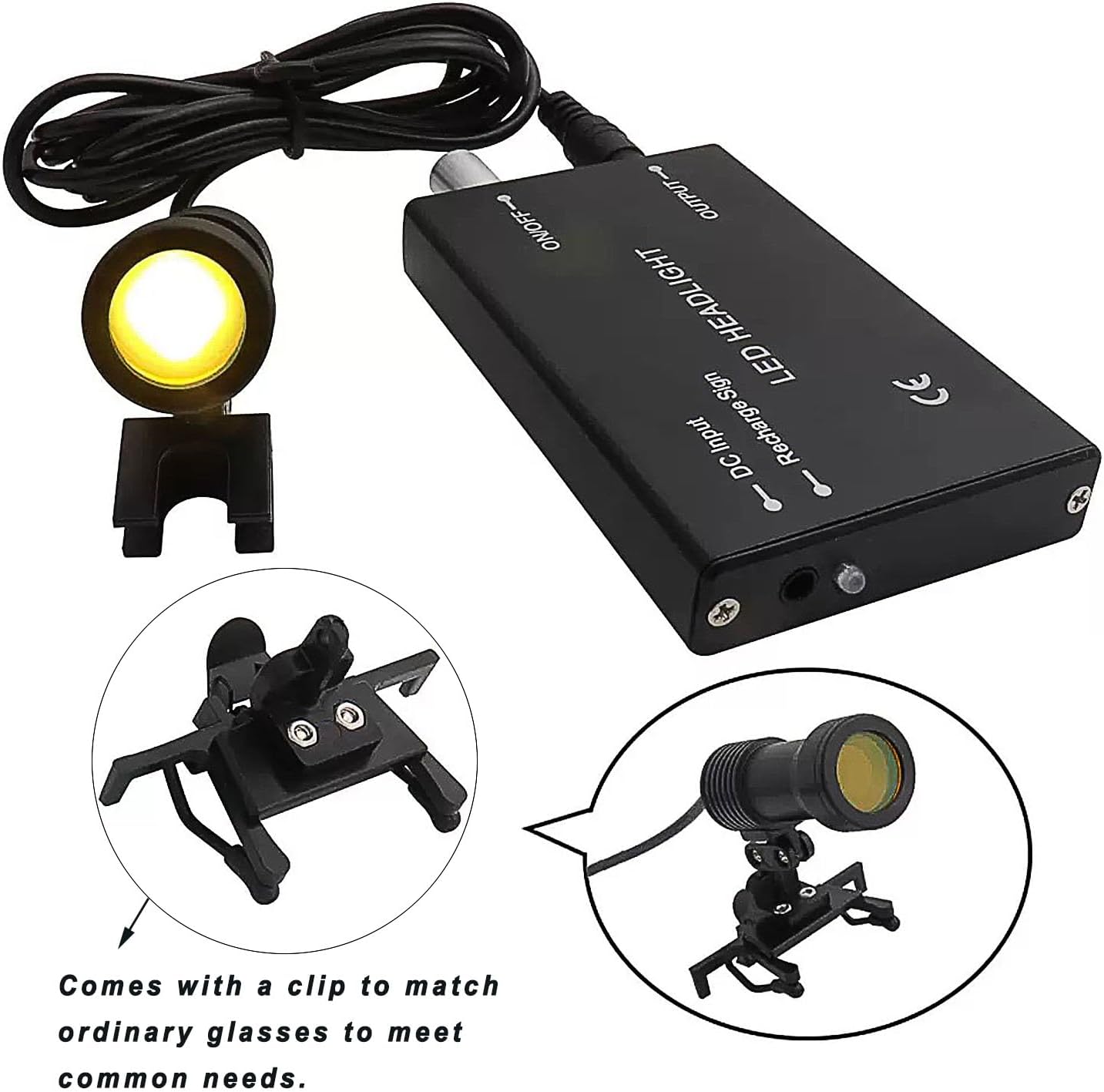 5W Rechargeable Black Dental LED Headlight with Blue-Light Filter — Headlamp for Surgical & Dental Loupes, Universal Glasses Clip + Cable Looper, Aluminum Battery Pack