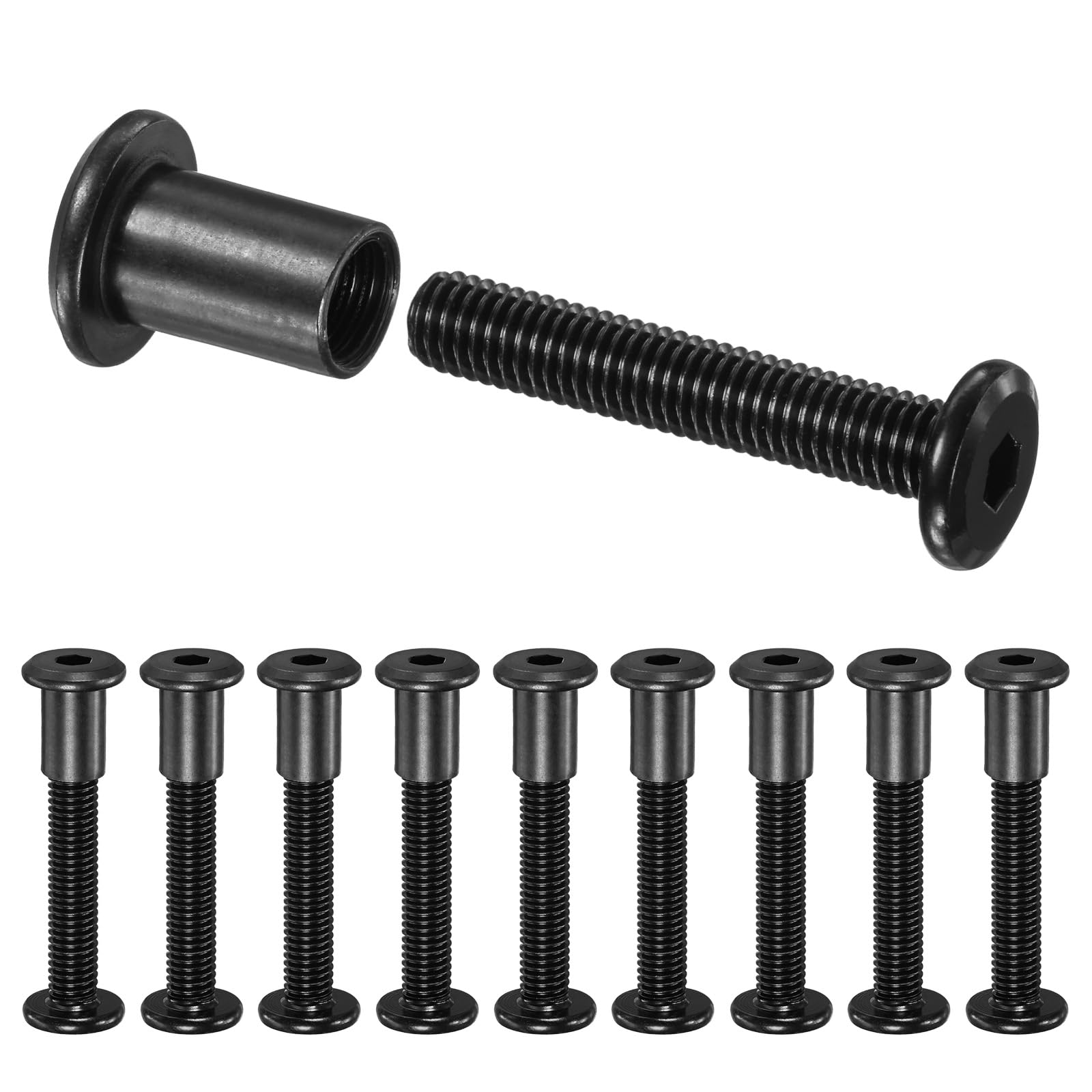 M METERXITY 10-Pack Hex Drive Socket Cap Bolt, M8 x 45mm Carbon Steel Furniture Connector Bolts Barrel Nuts for Furniture Assembly/Cabinet/DIY Binding Post Screws Rivet Fasteners [Black]