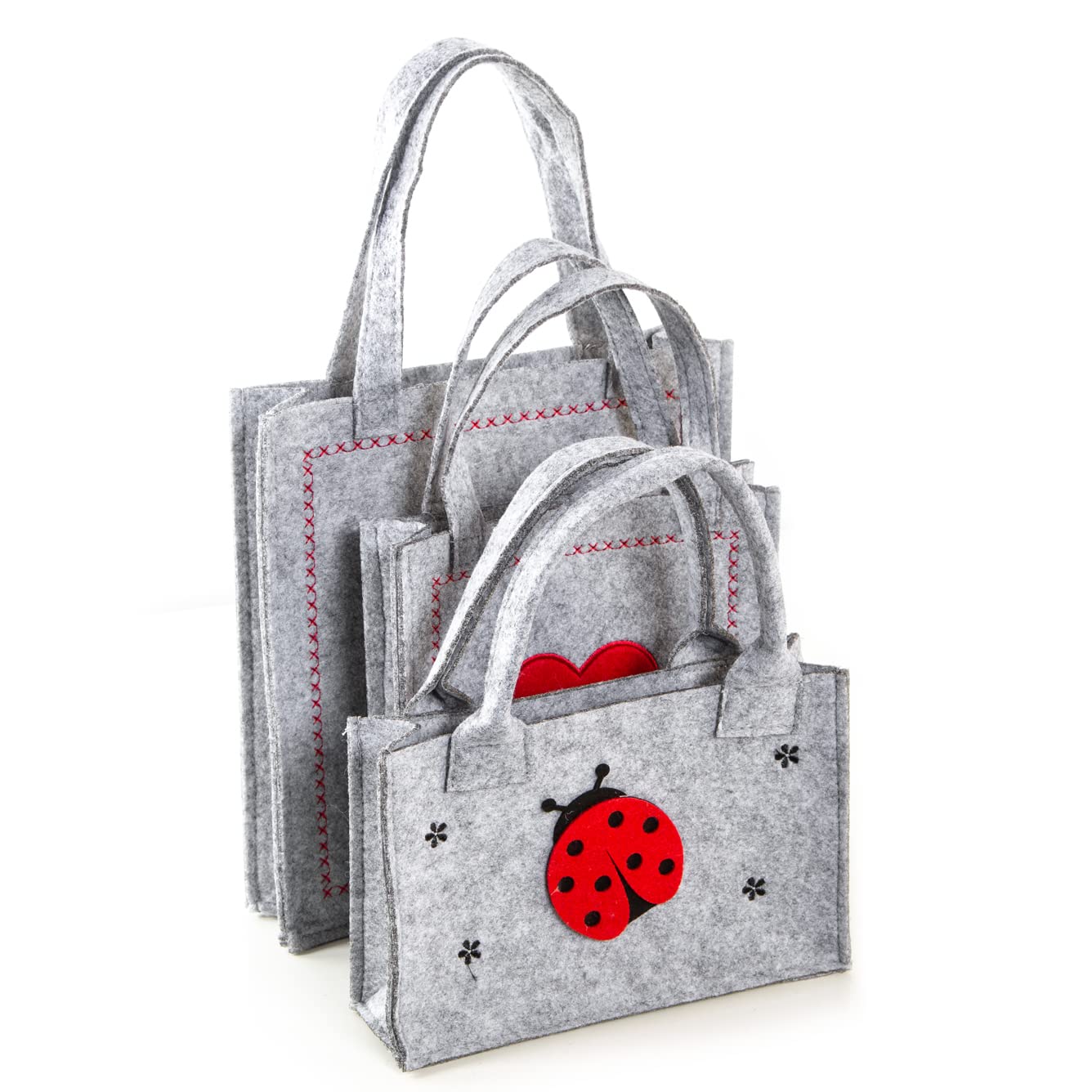 Logbuch-Verlag Set 3 Sacchetti Regalo In Feltro Grigio E Rosso Con Cuore, Riutilizzabili, Per Bomboniere E Regali
