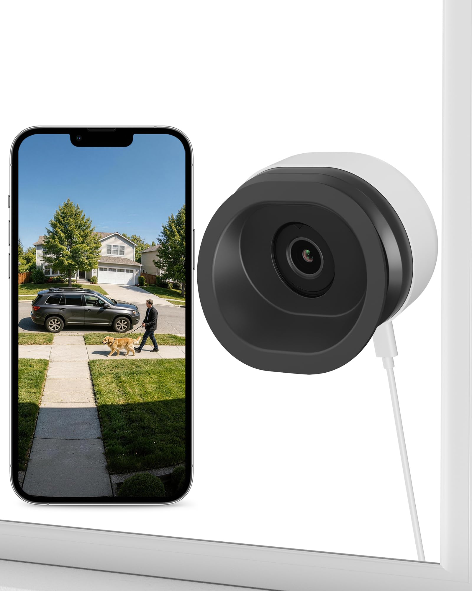 A delivery person walking up a driveway, with an inset showing a zoomed-in view of the person, illustrating 2K QHD crisp view with 5x zoom.