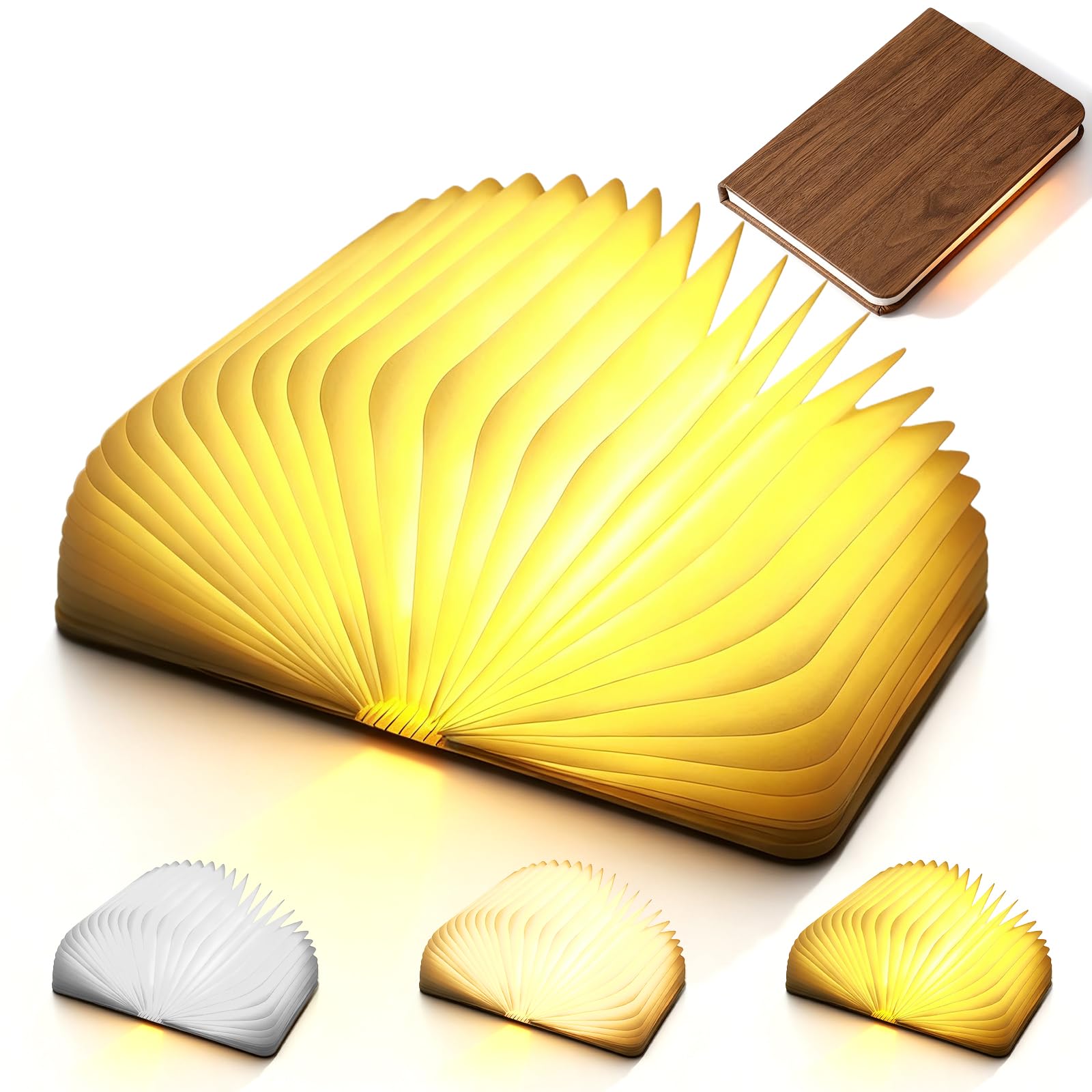 Lampada da libro pieghevole in legno, lampada da libro pieghevole a 360°, lampada da libro in legno con 3 colori, pieghevole Magnetiche per libri USB, ricaricabile a batteria, per camera da letto e