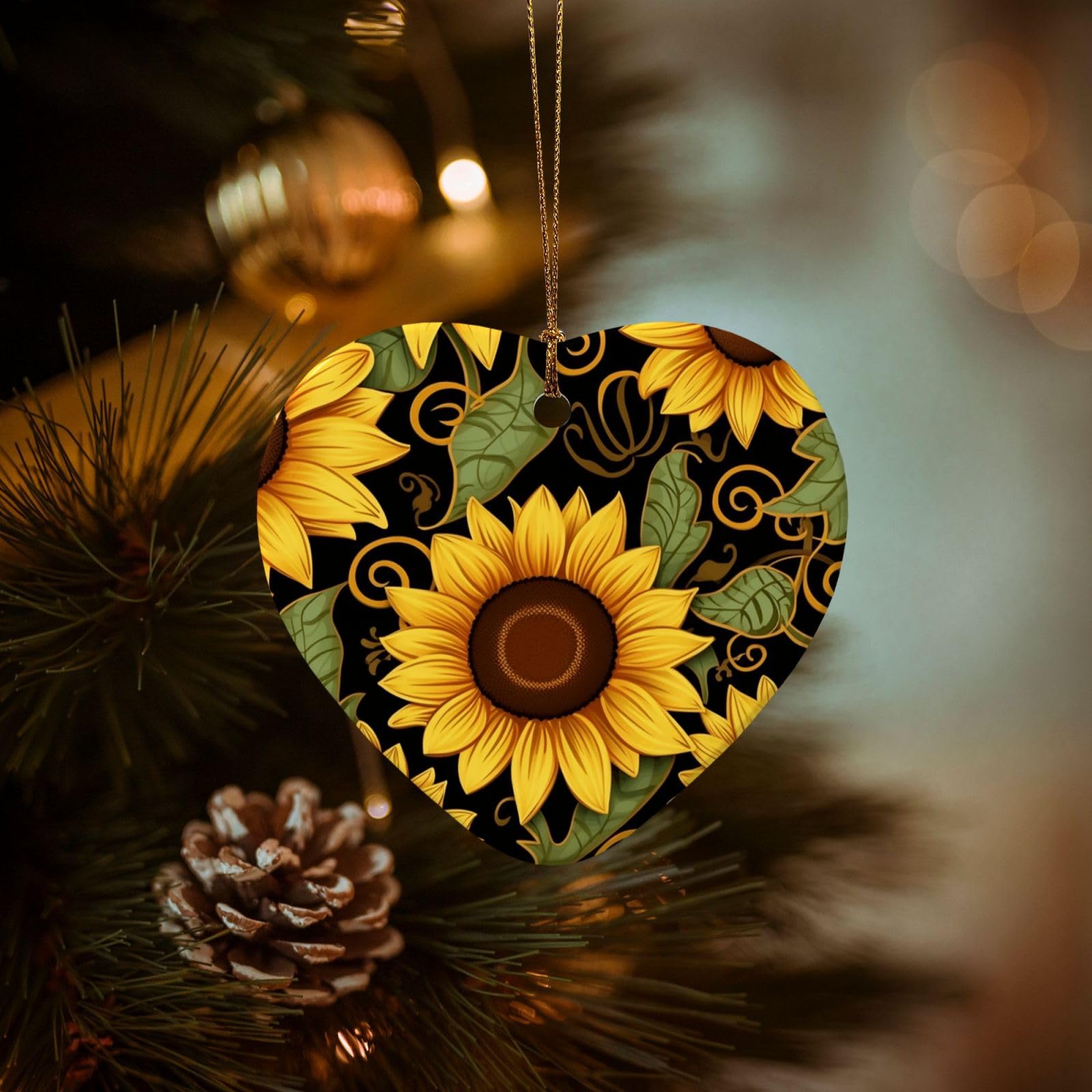 Christmas Tree Ornaments Ceramics Christmas Decorations Beautiful Sunflower Ornaments with Gold Ribbon Porcelain Xmas Tree Crafts Heart Shape Hanging Pendant for Christmas Tree Party Decor