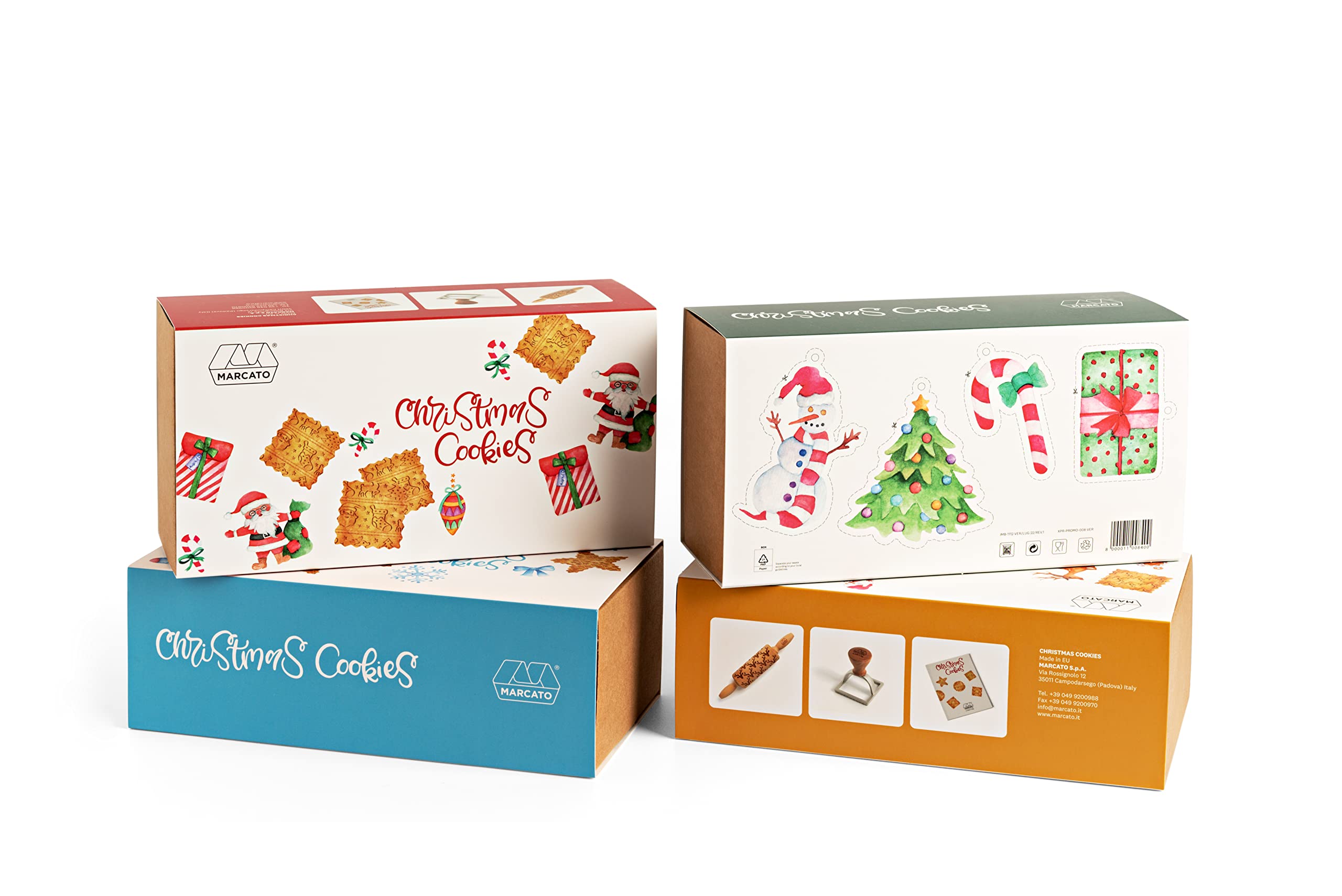 Marcato Kekszubereitungs-Set, Weihnachtsthema, Teigrolle für Kekse, quadratisch, 58 mm + Weihnachts-Rezeptbuch, hergestellt in Italien, Modell: Christmas Cookies