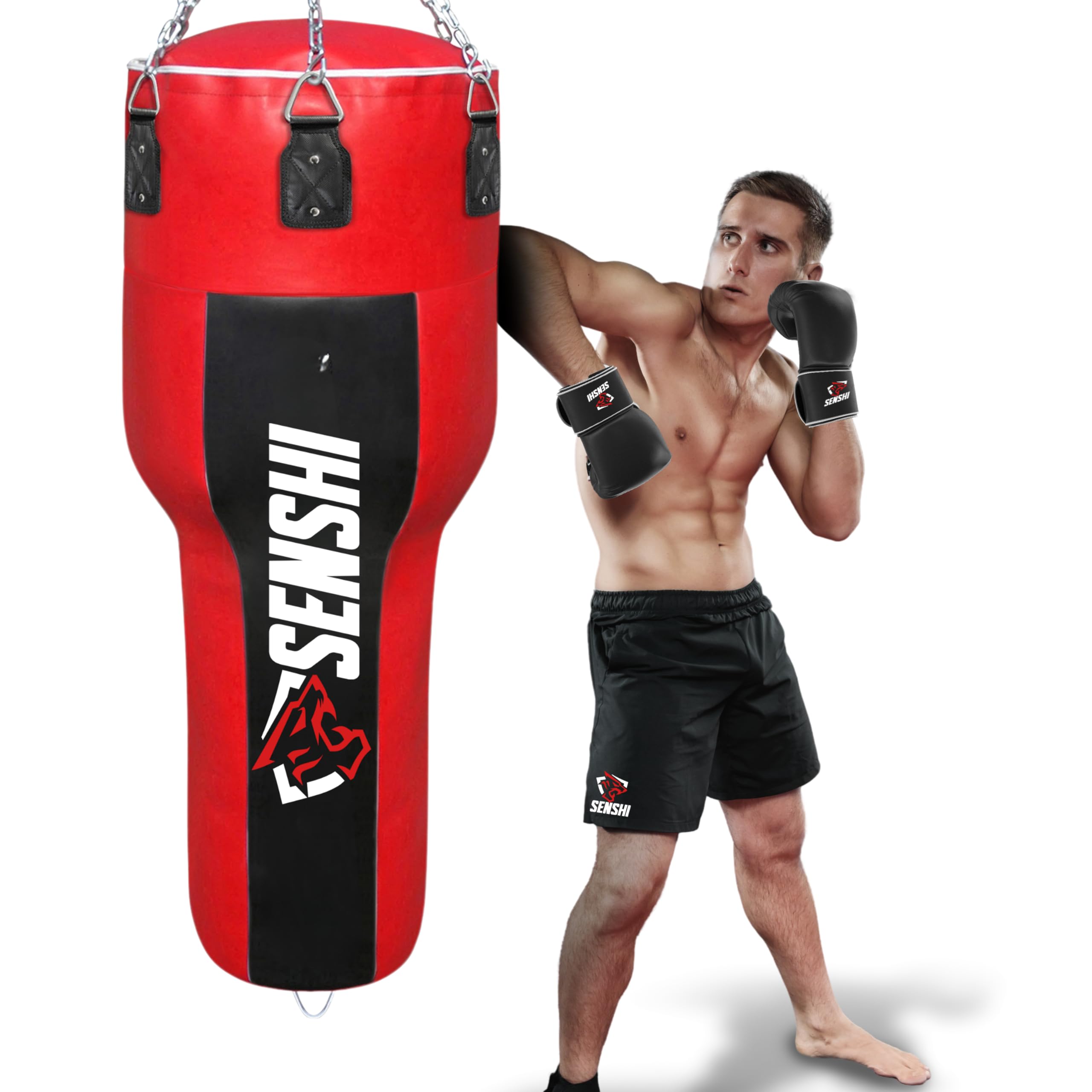 SENSHI Heavy Filled Punch Bag Set, 3ft, 4ft, 5ft, 6ft Outdoor Boxing Bag with Bracket, Fixings, Hand Wraps & Skipping Rope for Home Training