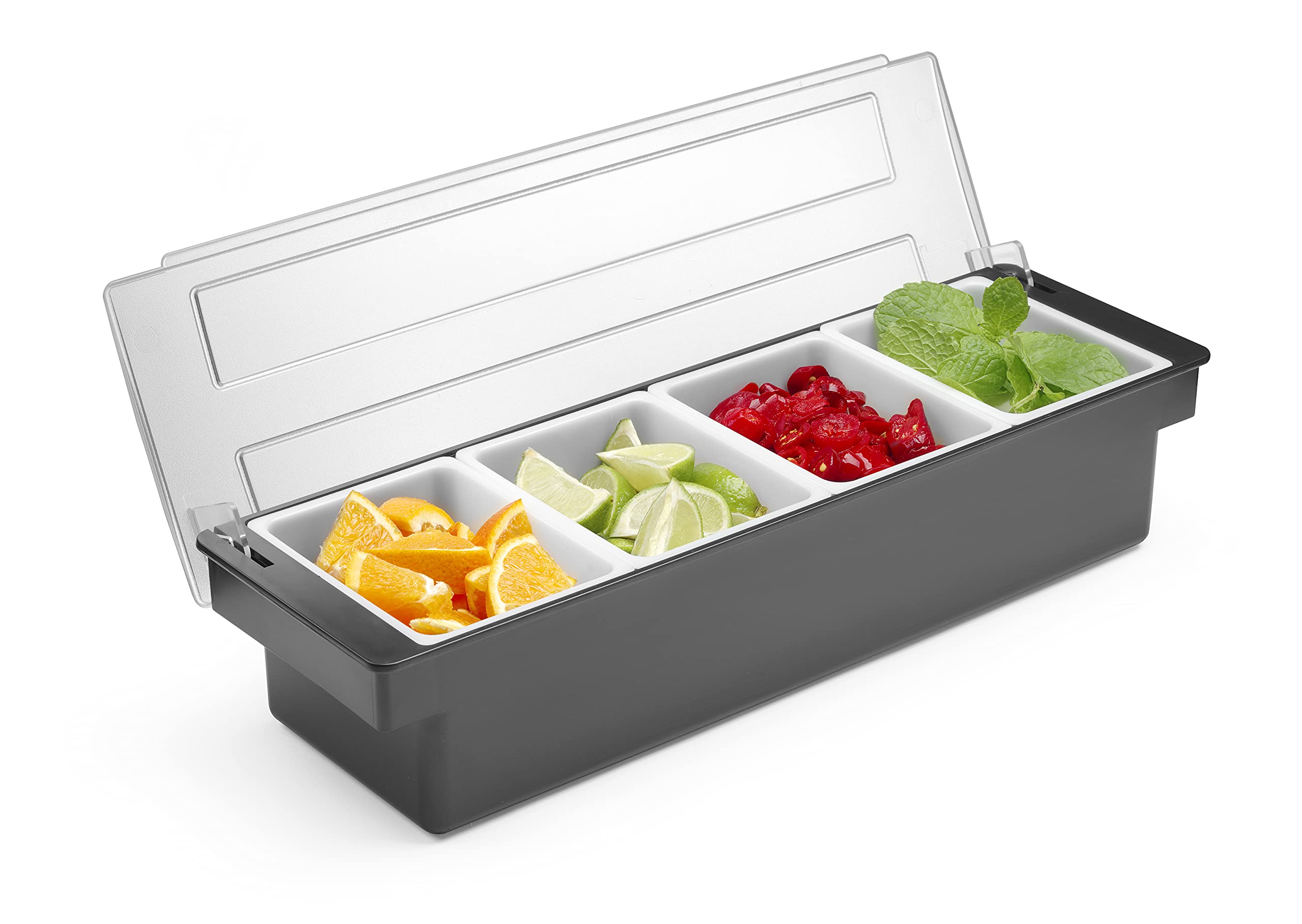 HENDI Portacondimentos de Bar, Bandeja de Guarniciones para Cócteles BarUp, Caja Organizadora con Tapa Transparente, 4 Contenedores de Polipropileno, 480x150x(H) 100mm, HIPS, Negro