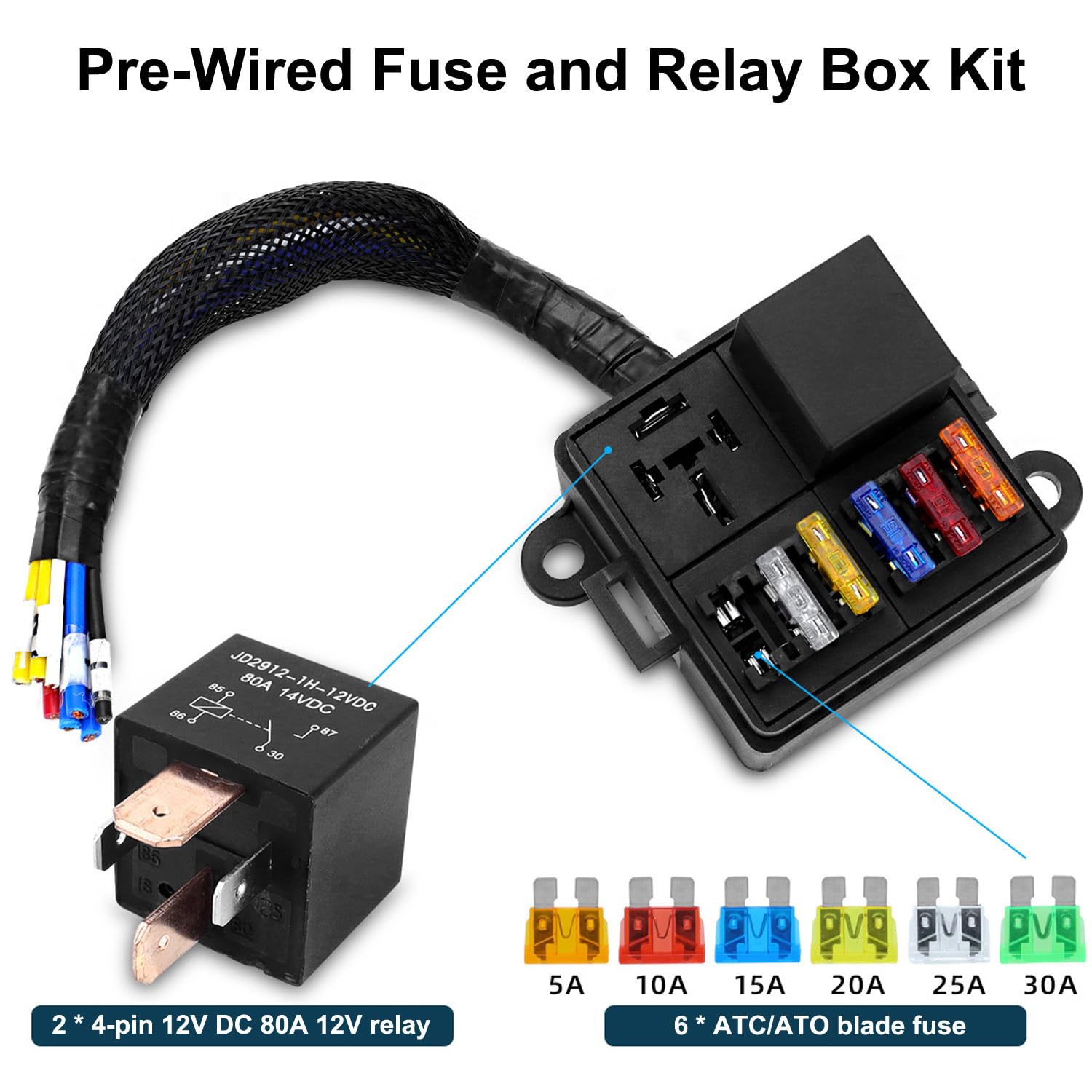 Greluma Scatola relè fusibile precablata con 2 relè DC12V 4 pin 80A e 6 fusibili ATC ATO, blocco fusibile universale impermeabile per auto, camion, barca, camper e veicoli marini.