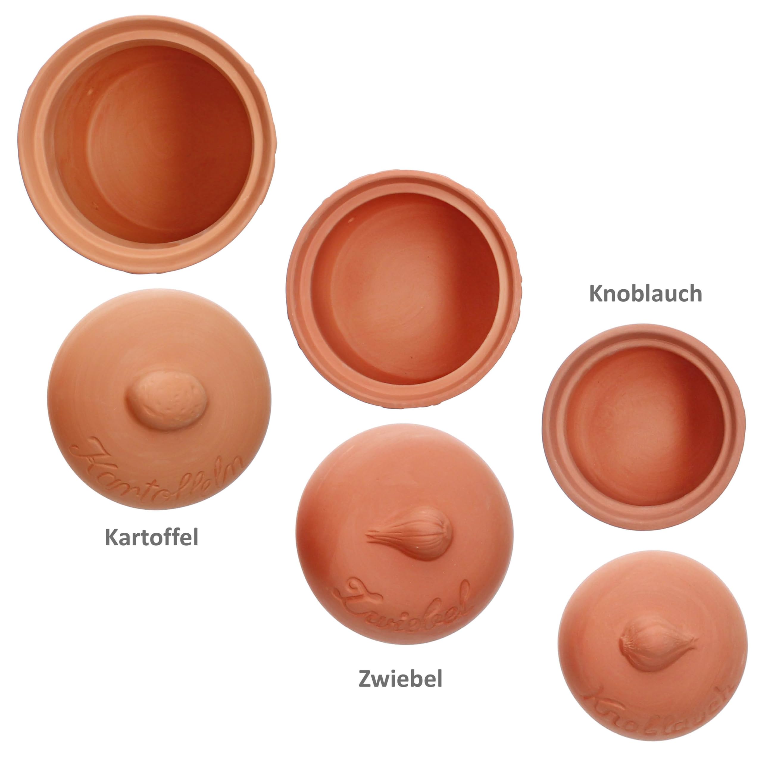 MamboCat 3er Set Terra Kartoffeltopf, Zwiebeltopf & Knoblauchtopf aus Terrakotta I Tontöpfe mit Deckel für Ihre Küche I Aufbewahrungsdose mit Relief & Schriftzug I Ideal für die Lange Lagerung