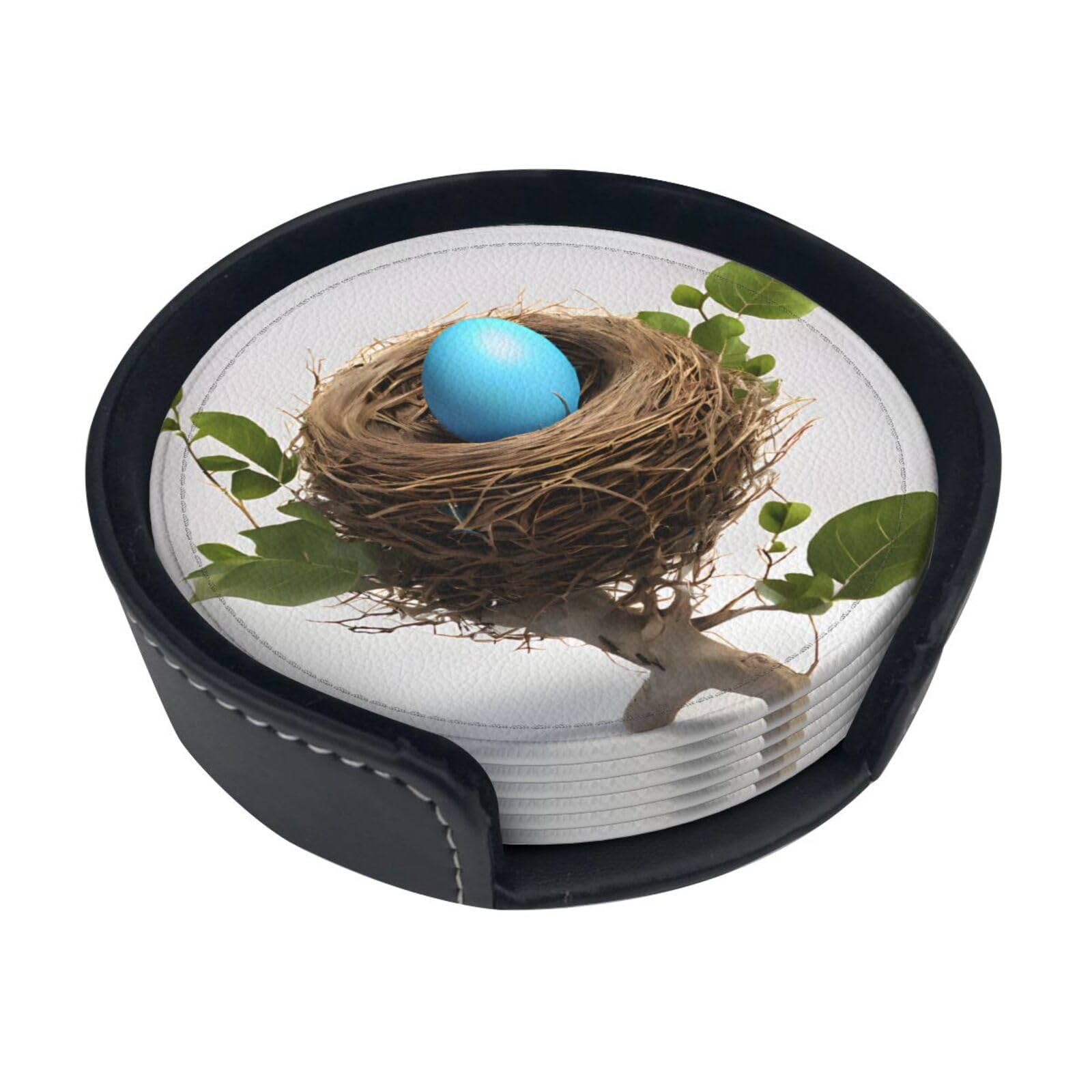 Ykclkshka White Birds Nest Round Leather Coasters (6 Pieces) - Drink Coaster Set For Desk, Modern Easy To Clean Home Office & Farmhouse Coasters