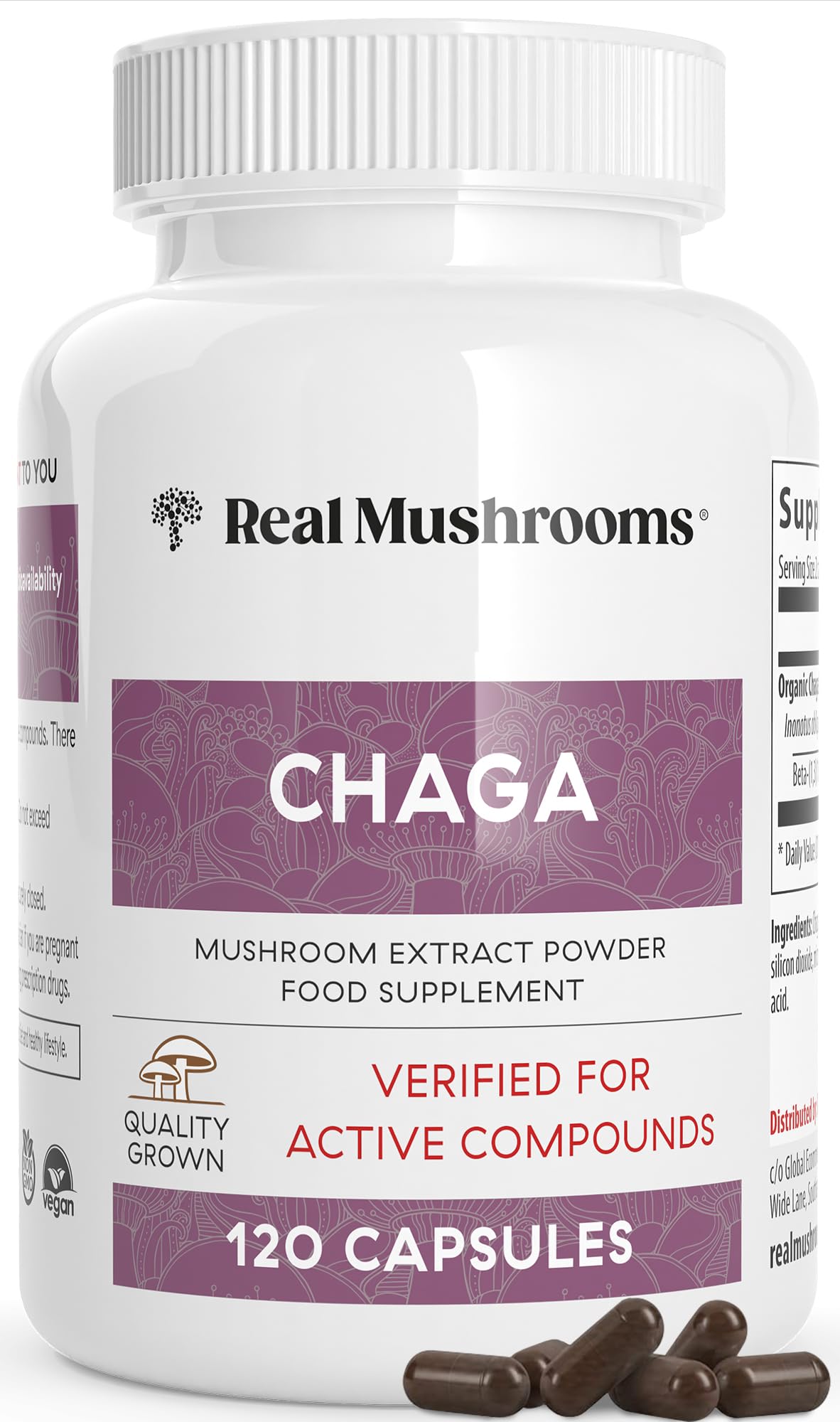 Real Mushrooms Organic Chaga Capsules for Energy and Wellness, 120ct