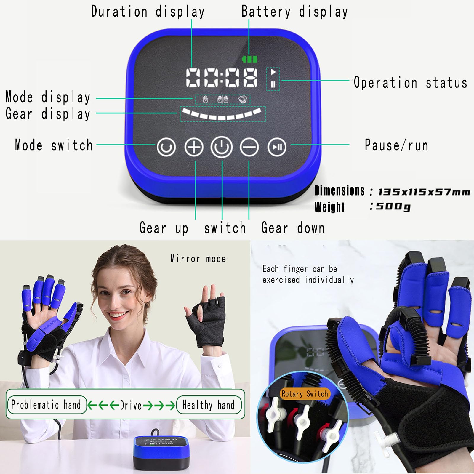 Rehabilitation Robot Gloves,Guanto Intelligente Riabilitazione Mano con Chip - Terapia Pressoterapia per Artrosi/Post-OP,3 modalità,per Recupero Funzionalità Mano(Size:L,Color:Mano Destra)