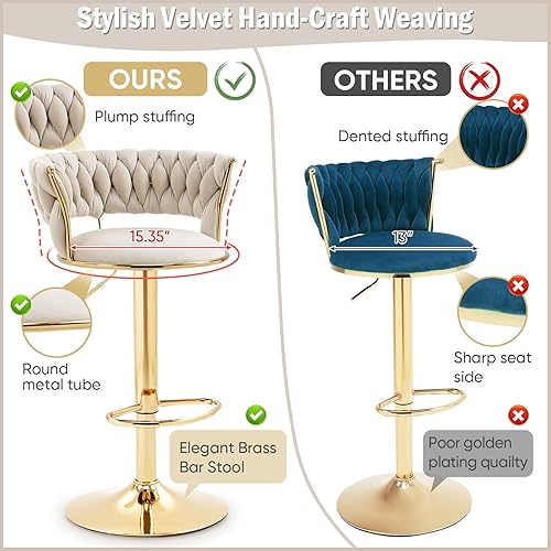 Miniatura 10 de Deolme Juego de 3 taburetes de bar verde oliva, taburetes de bar giratorios ajustables de altura de mostrador, sillas de bar de terciopelo,