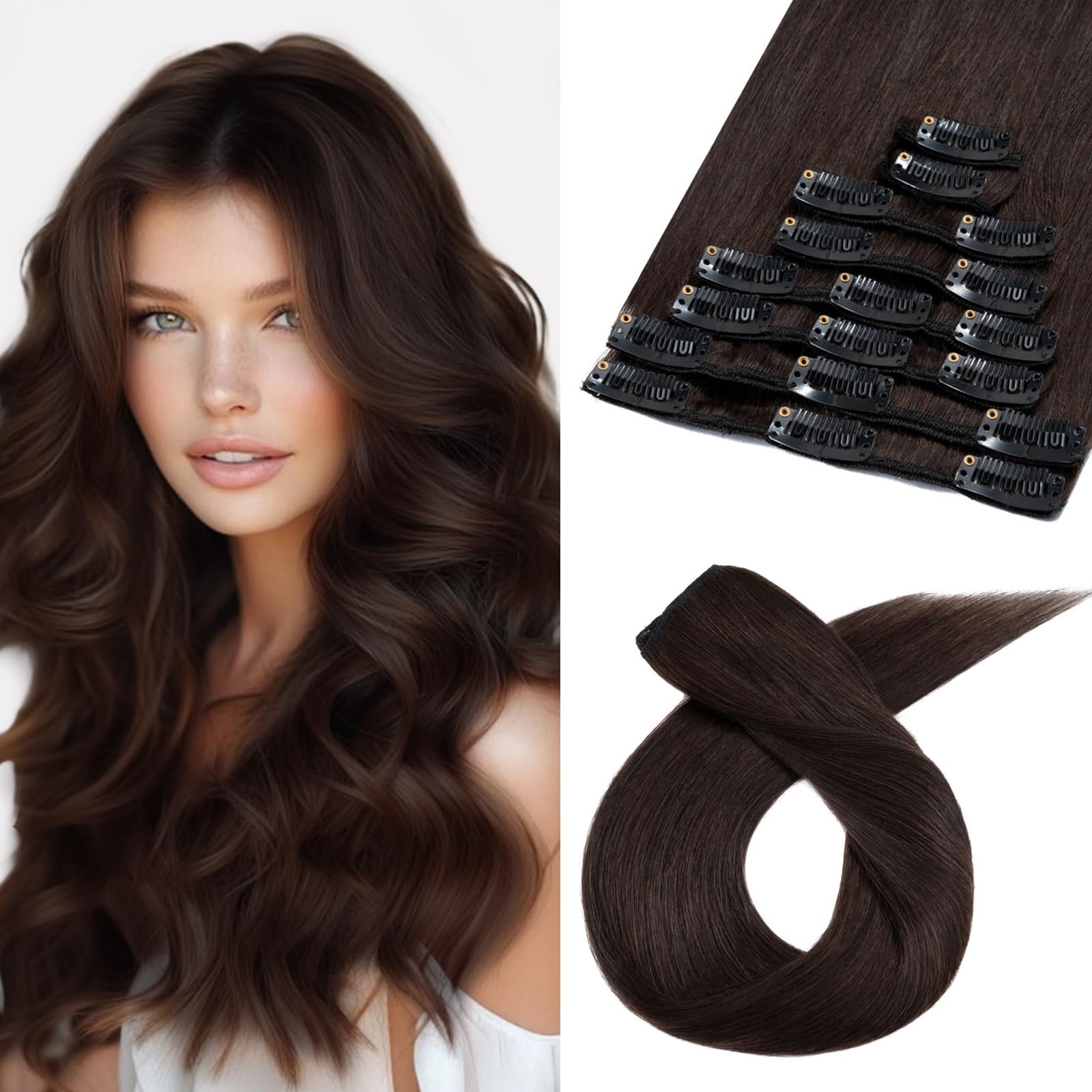 Benehair Human Hair Clip in Extensions #2 Dark Brown Real Remy Hair Extensions Clip in Long Double Weft Straight Hairpieces for Full Head Seamless 8 Pcs Set including 18 Clips 10 Inch (50 g)
