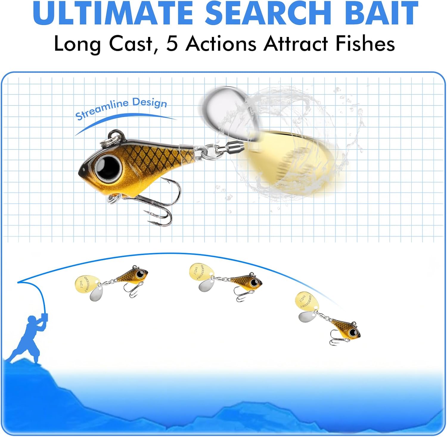 TRUSCEND Vibespinner Lures with BKK Hooks – Easy Catch: 4 Actions (Vibrate/Swim/Flash/Jig) for More Bites, Longer Cast Search Bait – Jigs for Bass, Crappie, Trout, Walleye – Ideal for Family Fishing