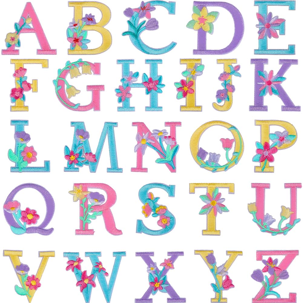 CRASPIRE 26Pcs Letter Flower Iron On Patches A-Z Alphabet Embroidered Applique Patches Colorful Sewing Craft Decoration for Clothes Repair DIY Jacket Jeans Hats Shoes Bags