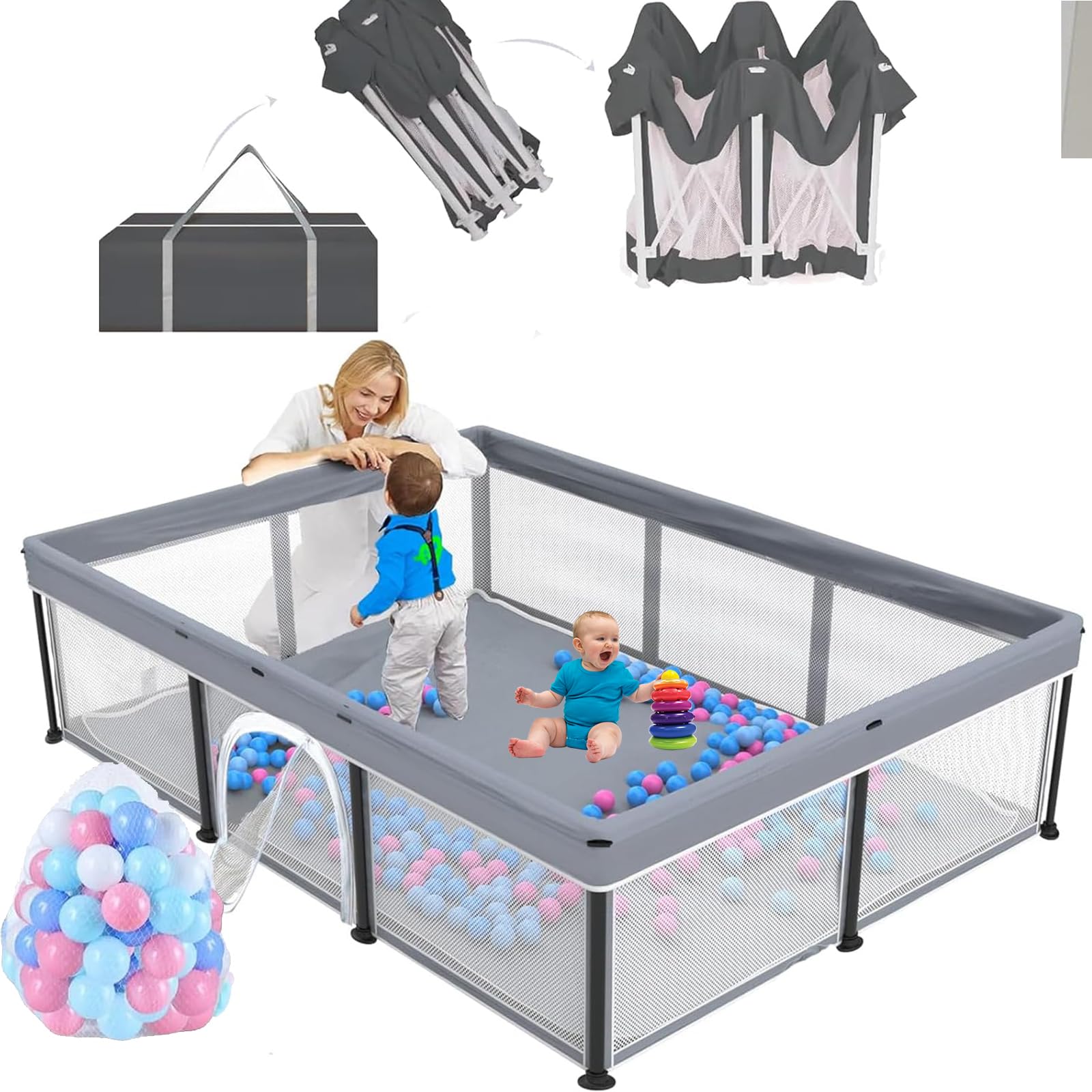 Foldable Baby Playpen for Toddler,Portable Baby Fence Ultimate Activity Center with Zipper Door - Large Baby Play Area Yard for Indoor & Outdoor Toddlers with Breathable Mesh and Non-Slip Base.