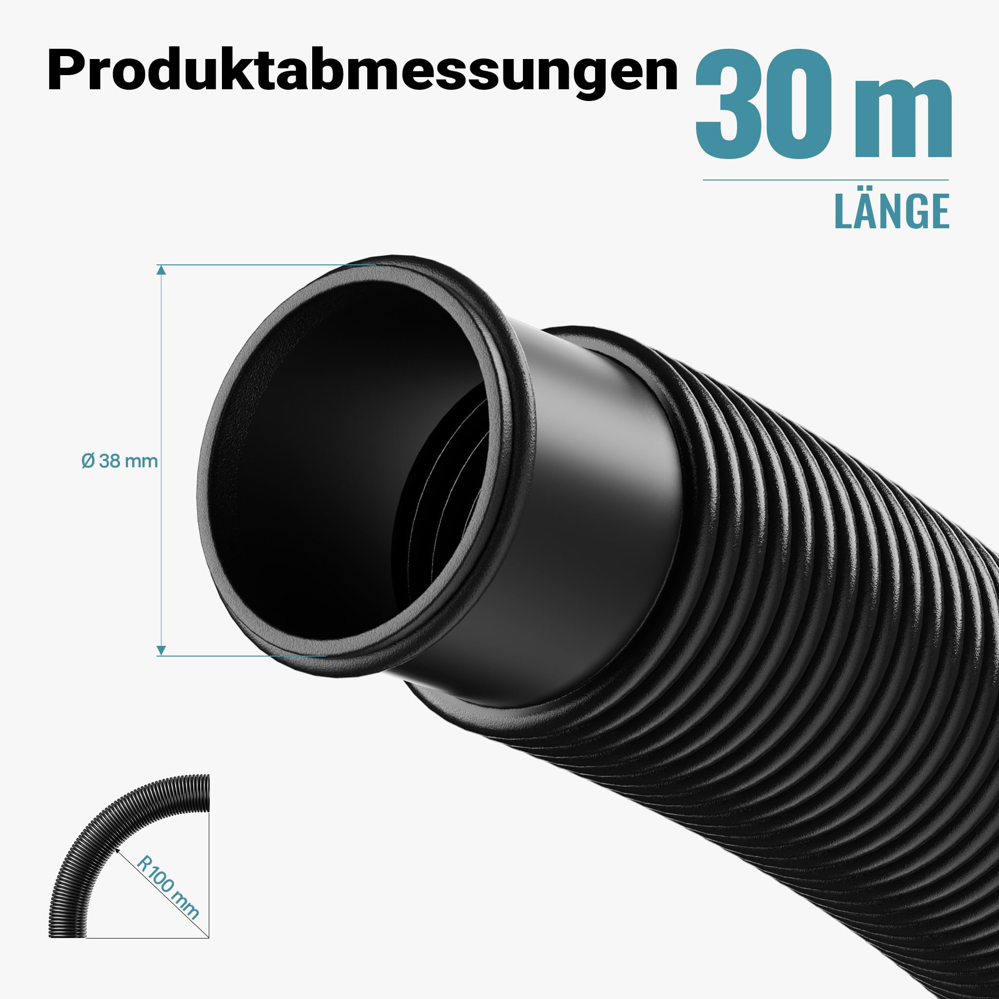 Wiltec Poolschlauch 30 m ⌀38 mm, Schwimmbadschlauch mit Muffen, Pumpenschlauch für Schwimmbecken, Saugschlauch, Solarschlauch