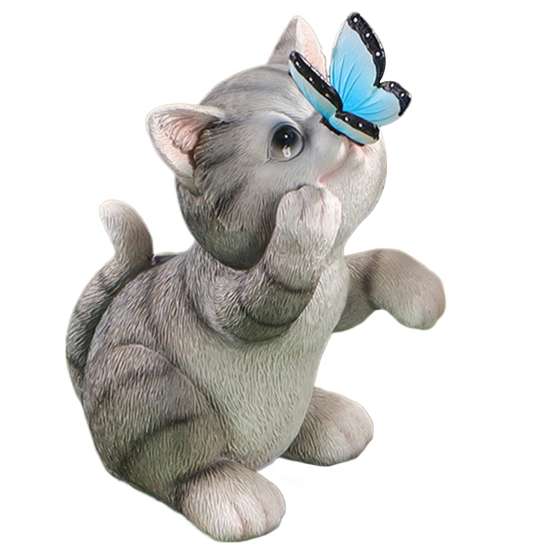 Jeorywoet Cat Solar Light 8'' Solar Cat Garden Statue, Cute Cat Garden Statue with Butterfly Decor, Waterproof Resin Cat Statue Solar Garden Decor for Yard Garden Patio Grey, Solar Cat Garden Statue