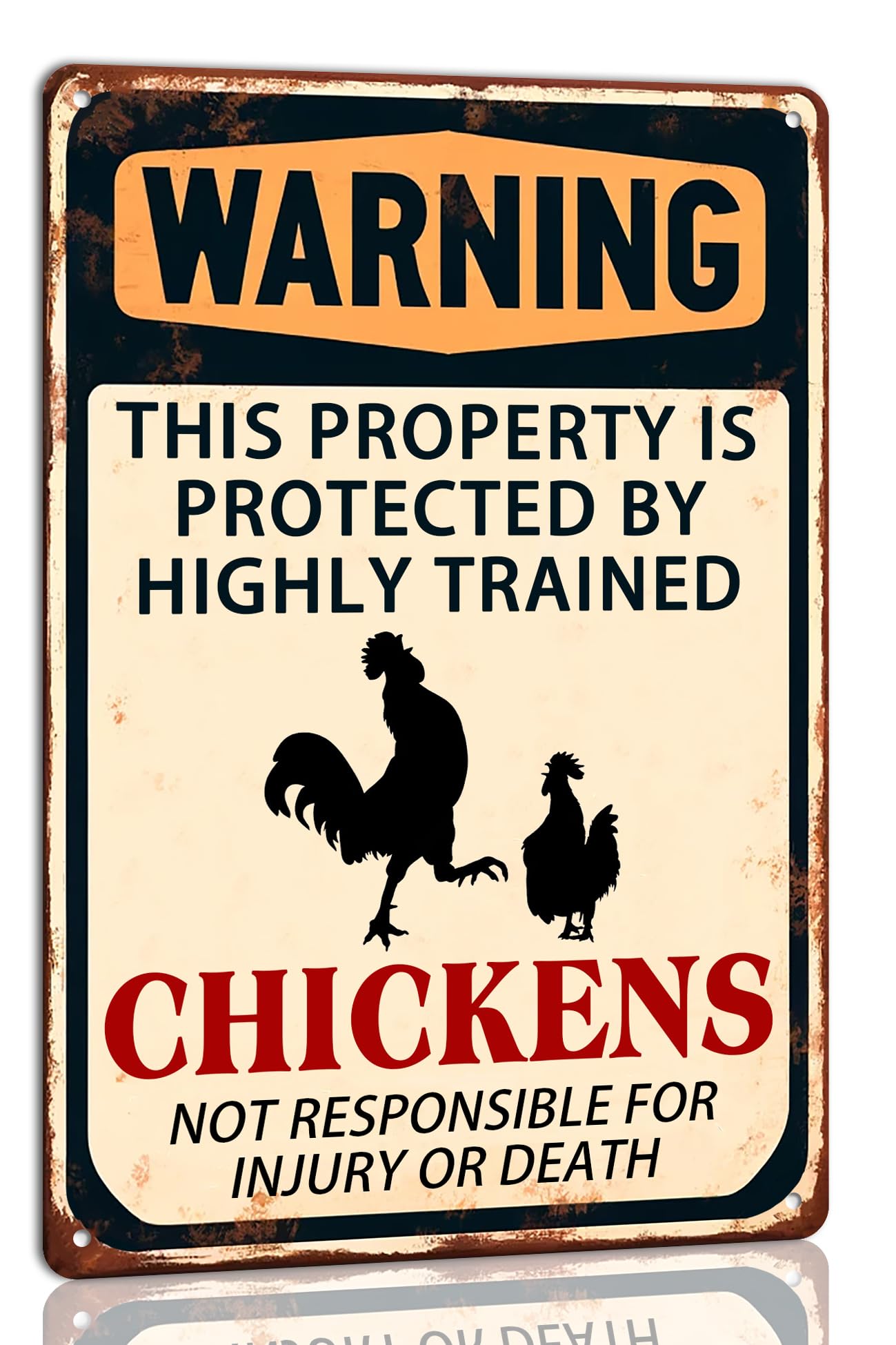 Warning This Property Is Protected By Highly Trained Chickens Metal Tin Sign Funny Farmhouse Security Warning Sign Vintage Metal Wall Decor Novelty