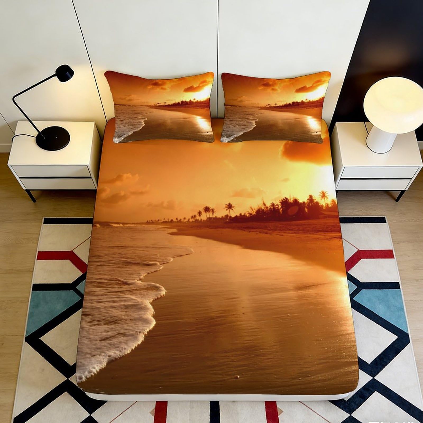 3D Printed Sunset Beach Fitted Sheet Microfiber Deep Pocket Non-Slip Bedroom Bedding Ocean Mattress Fitted Cover Washable 120x200x25cm