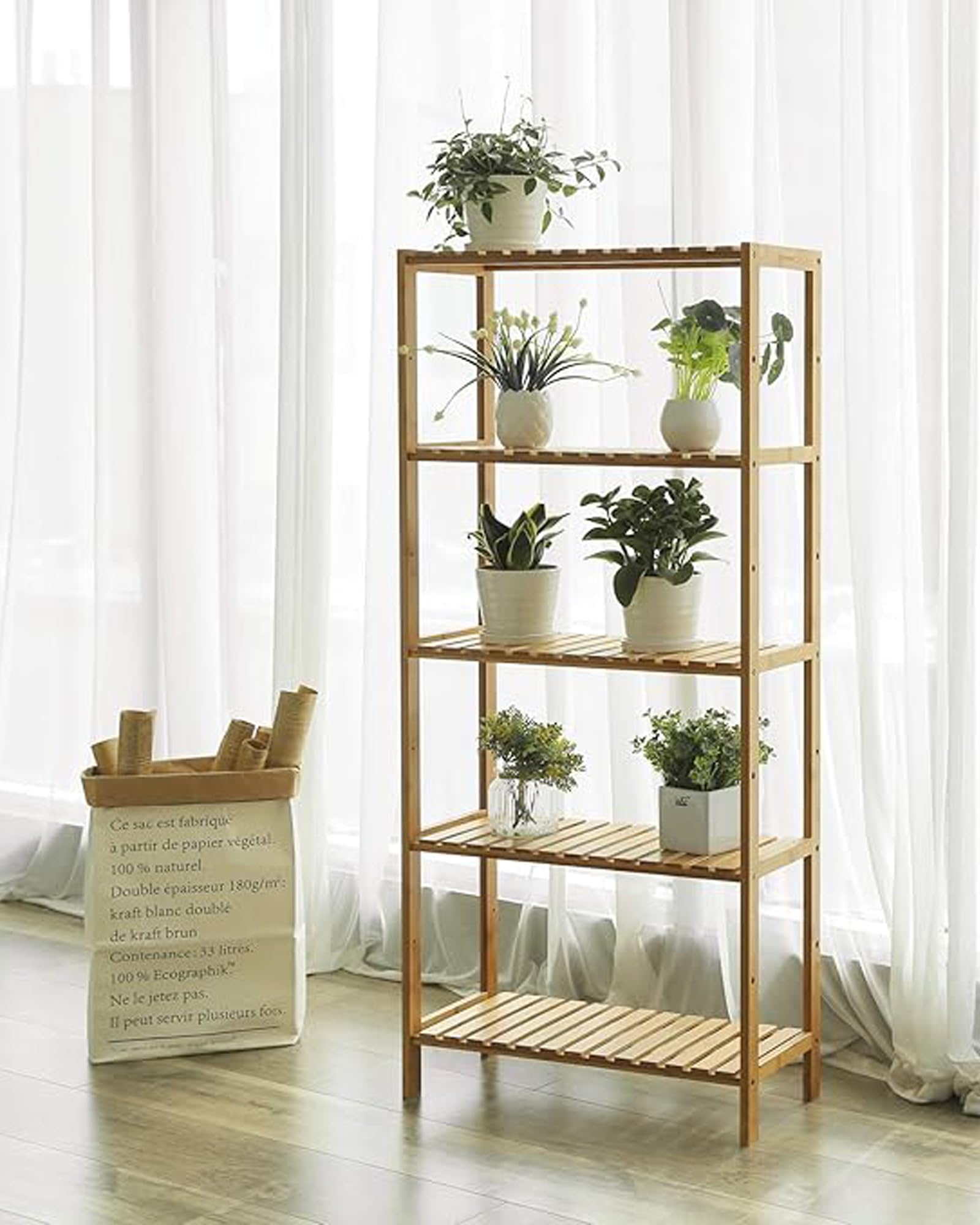 SONGMICS Étagère de Rangement, Meuble à Chaussures à 5 Niveaux, Support pour Plantes, Multifonction, pour Entrée, Salle de Bain, Balcon, Cuisine, 26 x 60 x 130 cm, Naturel BCB35Y