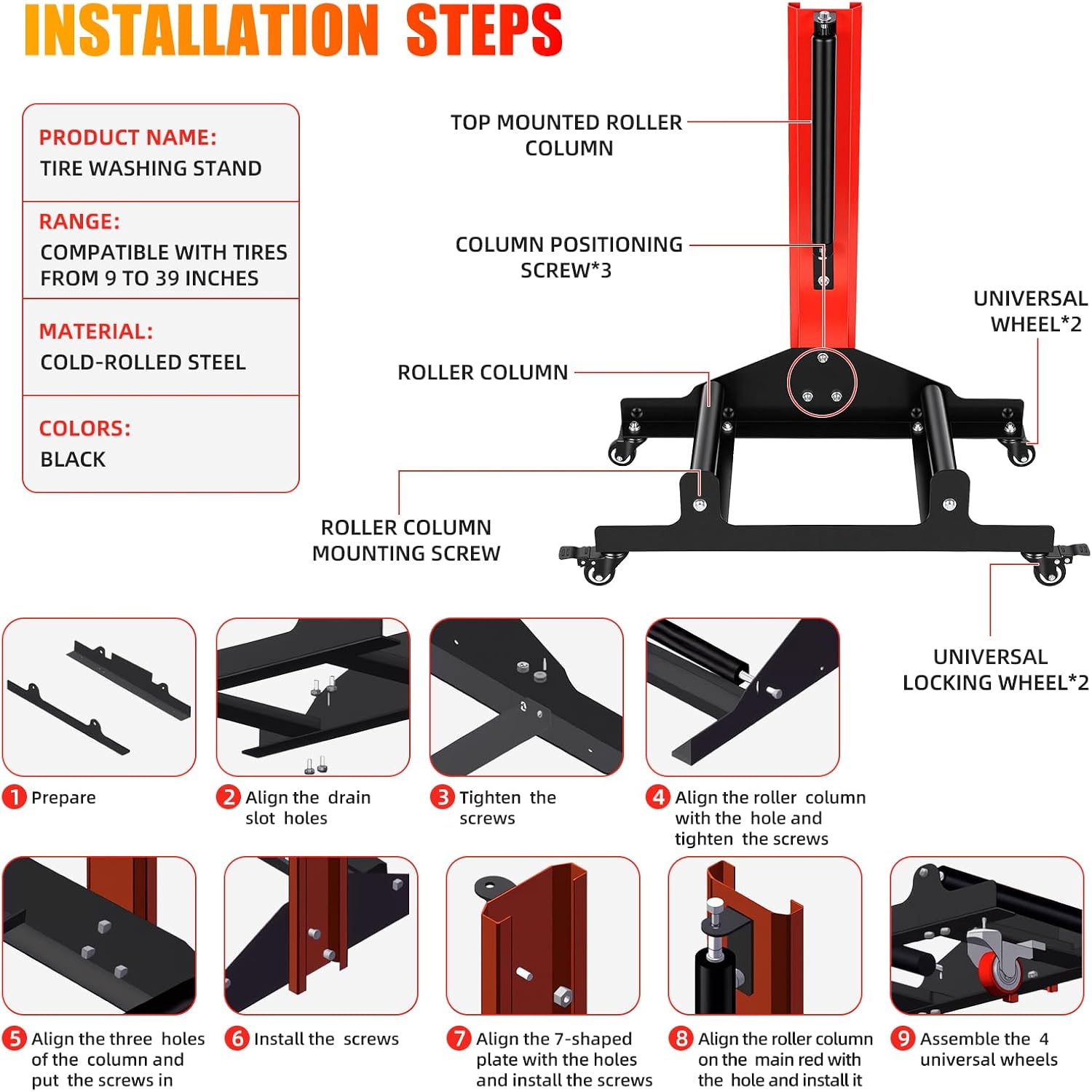 Rolling Wheel Detailing Stand, Car Wheel Cleaning Stand, Heavy-Duty Tire Cleaning and Polishing Roller with 3-Way Rotating Rollers for Ceramic Coating, Tire Shine, Car Wheel Wash
