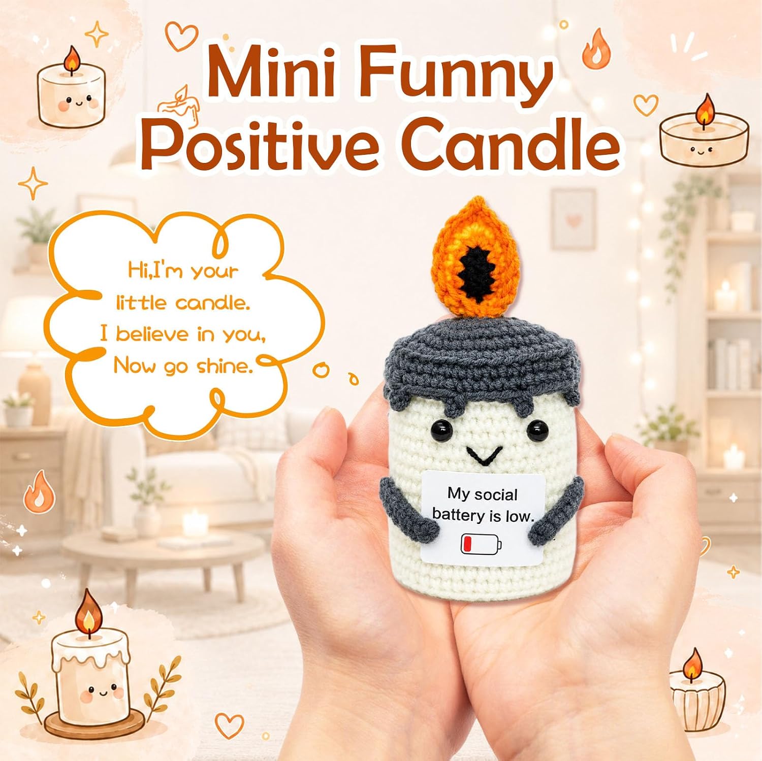 Funny Emotional Support Crochet Candle Gift for Women Men,Handmade Social Battery Low Doll Decor,Gag Birthday Gift for Friend Coworker,Dark Humor Desk Accessories Home Christmas Decor