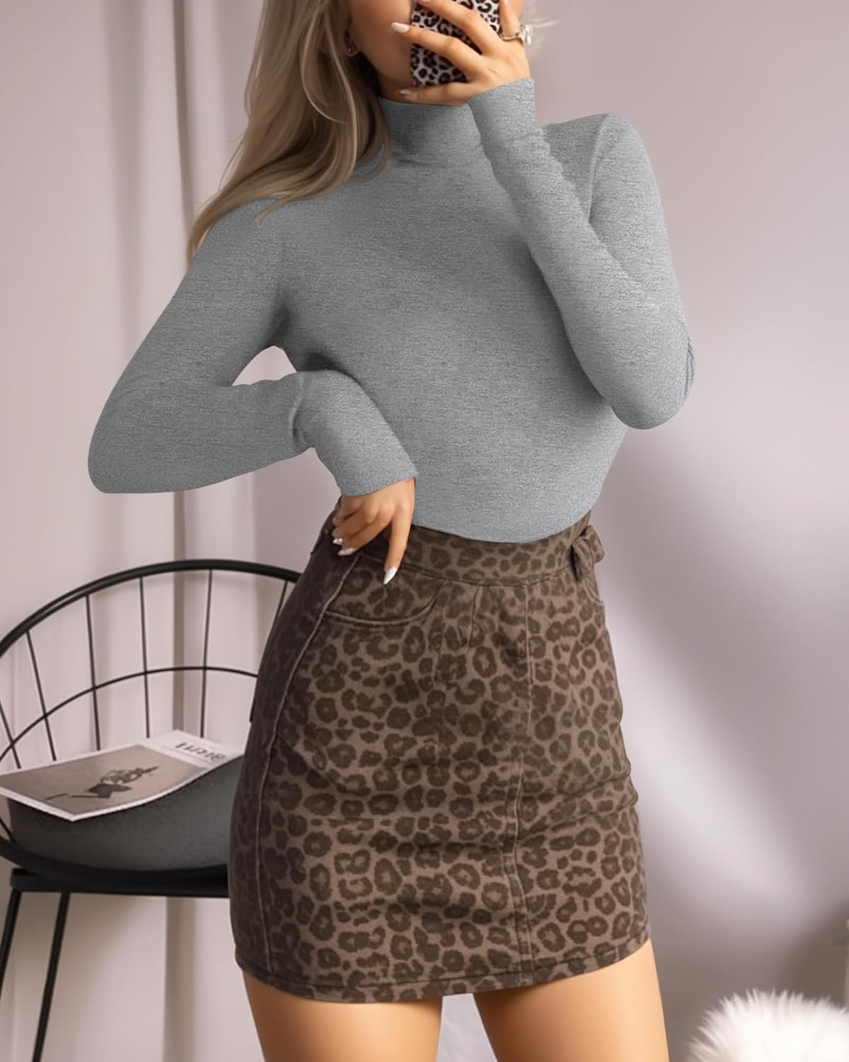 MANGOPOP Women's Mock Turtle Neck Long Sleeve Tops Bodysuit Jumpsuit Light Heather X-Large