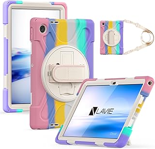 Doo LAVIE Tab Lite TL103KAL PC-TL103KAL用 ケース LAVIE Tab 10FHD4 PC-T1055KAS PC-TAB10F03用 ケース 2025 10.1インチ 耐衝撃 米軍MIL資格 横置き 縦置き 360度回転スタンド 調節可能ハンドストラップと肩掛けー付き 耐久 傷防止 カメラ保護（カラフル+ピンク）