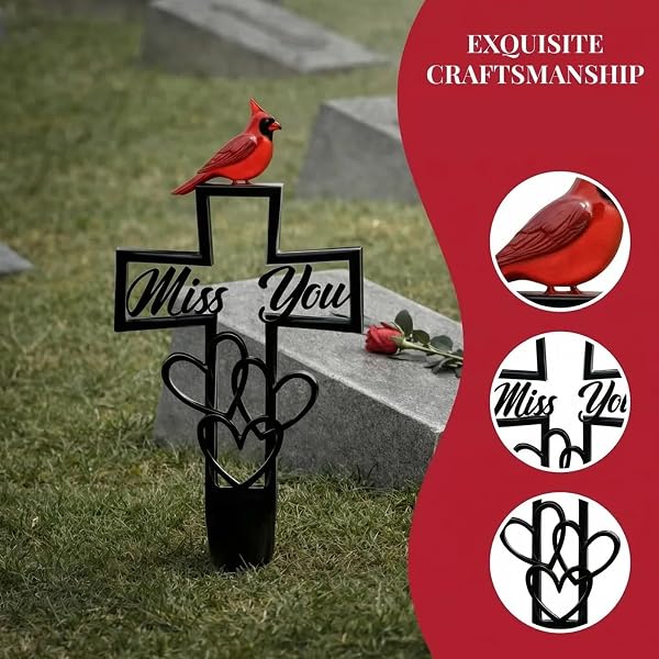 Metal Cemetery Memorial Plaque for Remembrance, Cardinal Memorial Grave Stakes Cross with Miss You Script & Heart Accent, Outdoor Ground Markers for Cemetery, Garden (1 PC) - 5