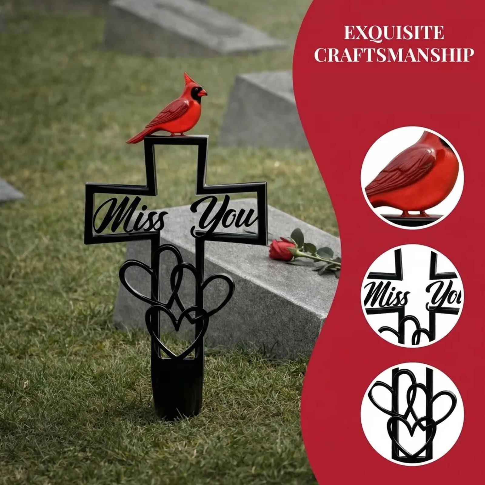 Metal Cemetery Memorial Plaque for Remembrance, Cardinal Memorial Grave Stakes Cross with Miss You Script & Heart Accent, Outdoor Ground Markers for Cemetery, Garden (1 PC) — view 5
