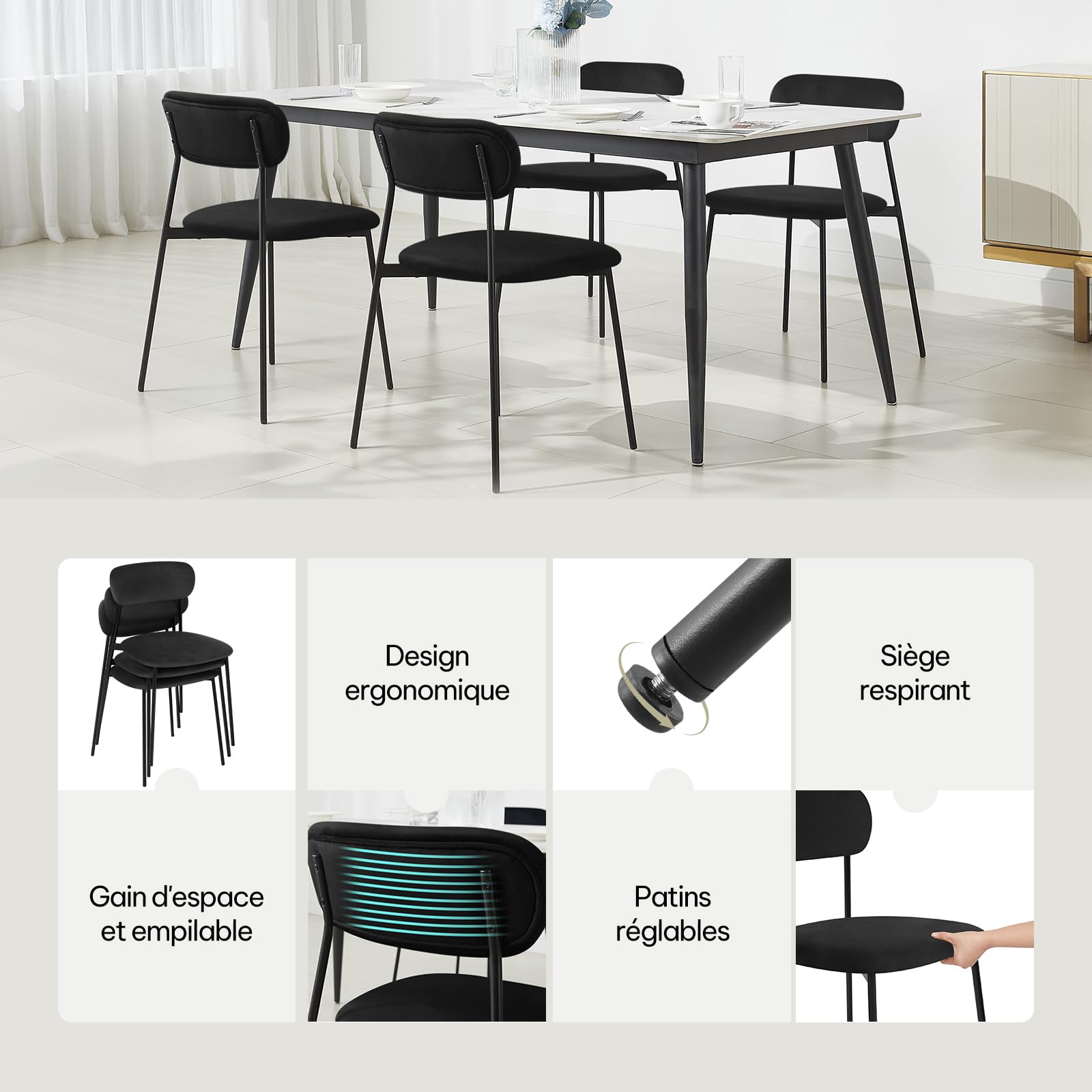 Lestarain Lot de 6 chaises de salle à manger, de cuisine, rembourrées, pour salle à manger, cuisine, salon, pieds en métal, siège en velours, noires
