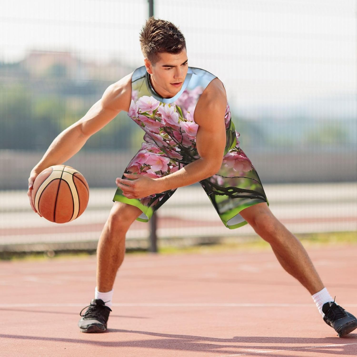 Mens Basketball Jerseys Peach Blossom Uniform Suit Mesh Sports Jersey Outfits T-Shirt and Short Sets