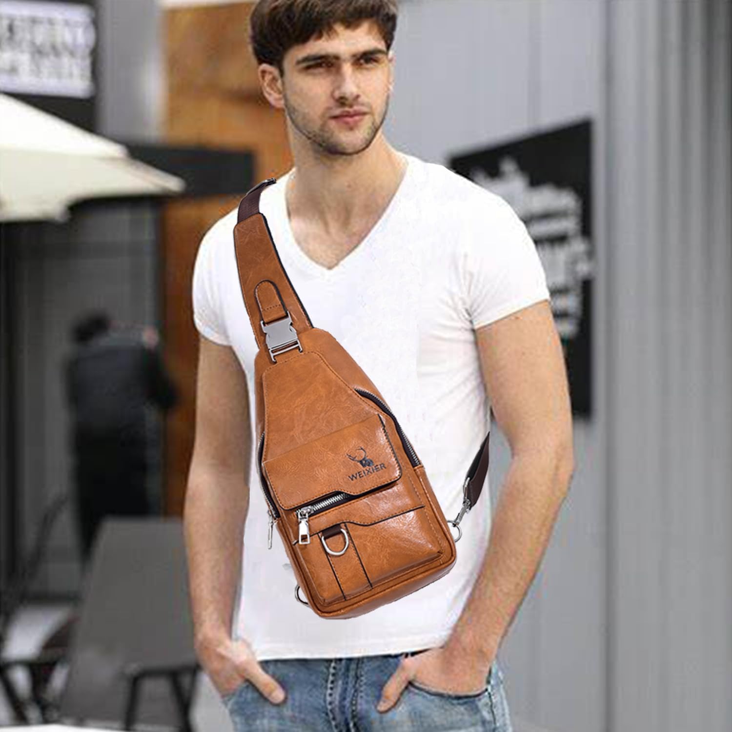 ANPTER Sling Bag for Men Crossbody Chest Bag,PU leather Over the Shoulder Purse Cross Body Sling Backpack for Travel
