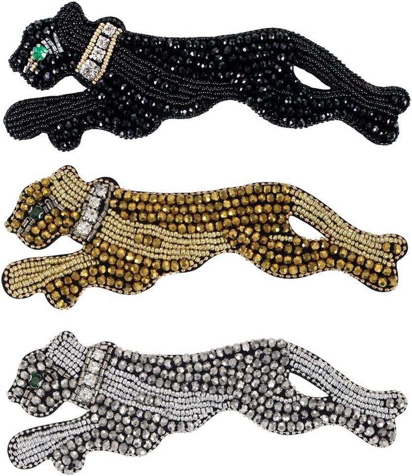 Running Cheetah Hand-Beaded Fabric Patches Sew on Vintage Style Bead Appliques Materials for Making Badges 1 Piece (1 Set of 3 Pieces)