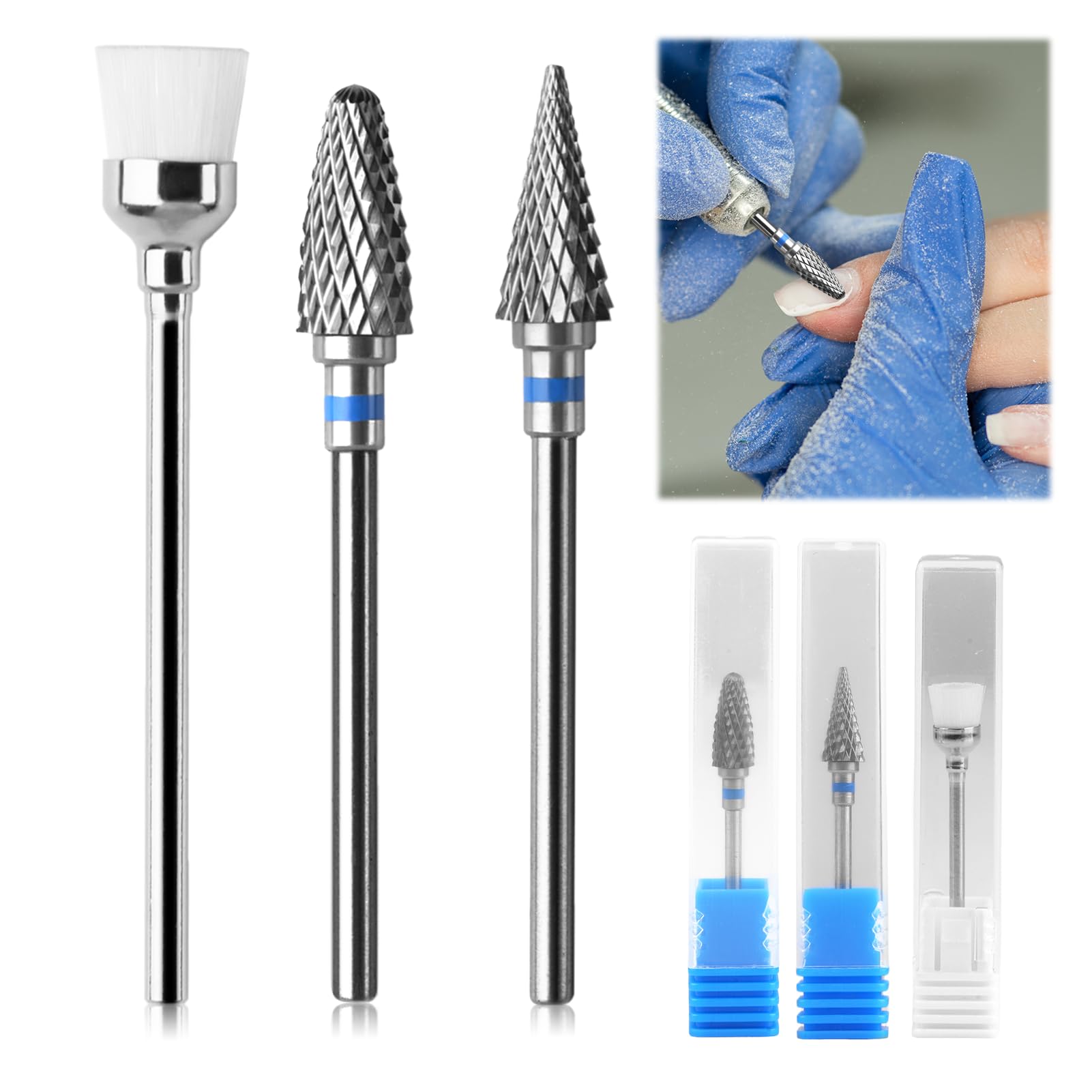 Yenblow 3 Pack Professional Carbide Nail Drill Bits Set with Cleaning Brush, 3/32" 5 in 1 Tungsten Safety Cuticle Bits for Manicure Pedicure Gel