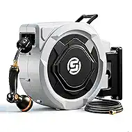 SUNPOW Retractable Garden Hose Reel - 5/8in x 100ft Heavy Duty Wall Mounted Hose Reel with 3/4in Brass Fitting & 10 Function Nozzle - Any Length Lock, Auto Rewind System, 180°Swivel Bracket - Gray
