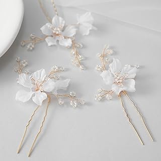 SWEETV 3Pcs Bridal Hair Pins White Flower Bride Hair Pieces Wedding Hair...